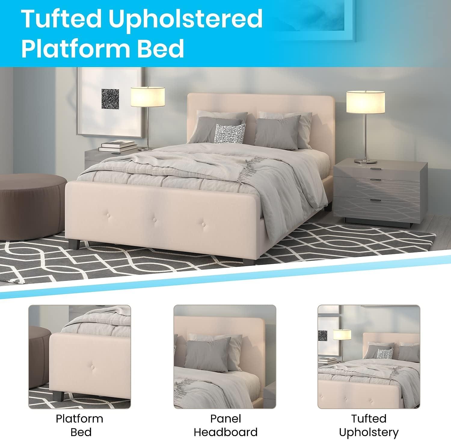 Flash Furniture Tribeca Queen Size Tufted Upholstered Platform Bed in Beige Fabric
