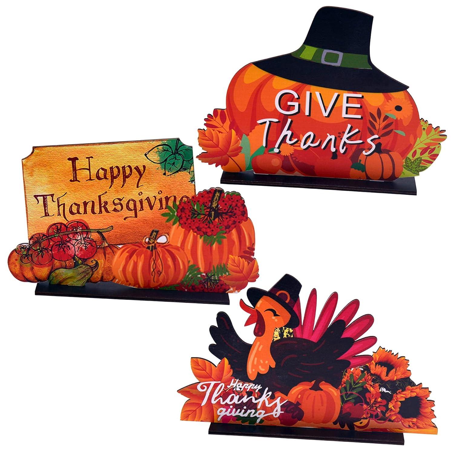 3 Pieces Thanksgiving Wooden Table Decorations Harvest Party Supplies Turkey,Pumpkin,Happy Thanksgiving Table Centerpieces Decorations