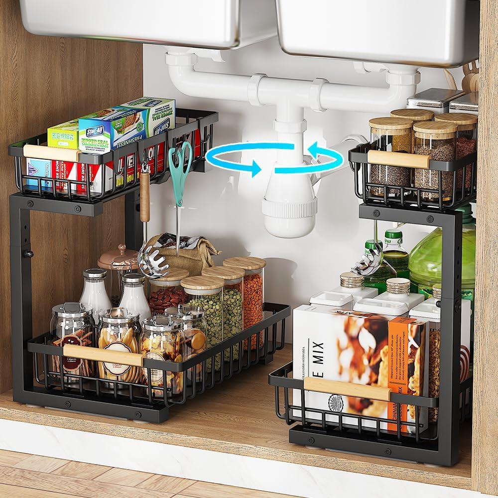 Under Sink Organizers and Storage, 2 Pack Pull Out Kitchen Bathroom Cabinet Organizer, 2 Tier Black Under Sink Storage for Bathroom Kitchen, Under Counter Storage Organizer with 8 Hooks