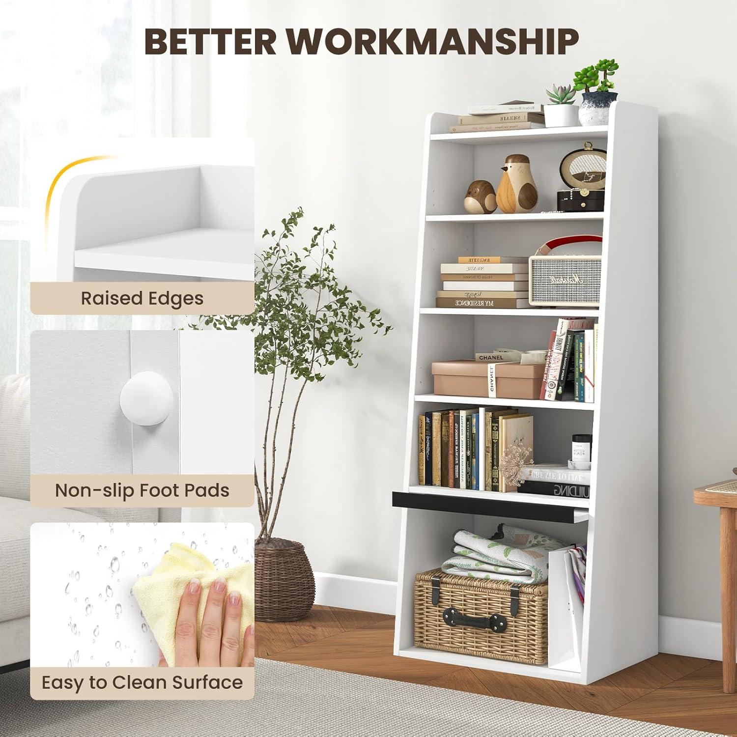 Tangkula 6-tier Bookcase w/ 2 Adjustable Shelves Filp-up Door 5 Open Shelves Bedroom White