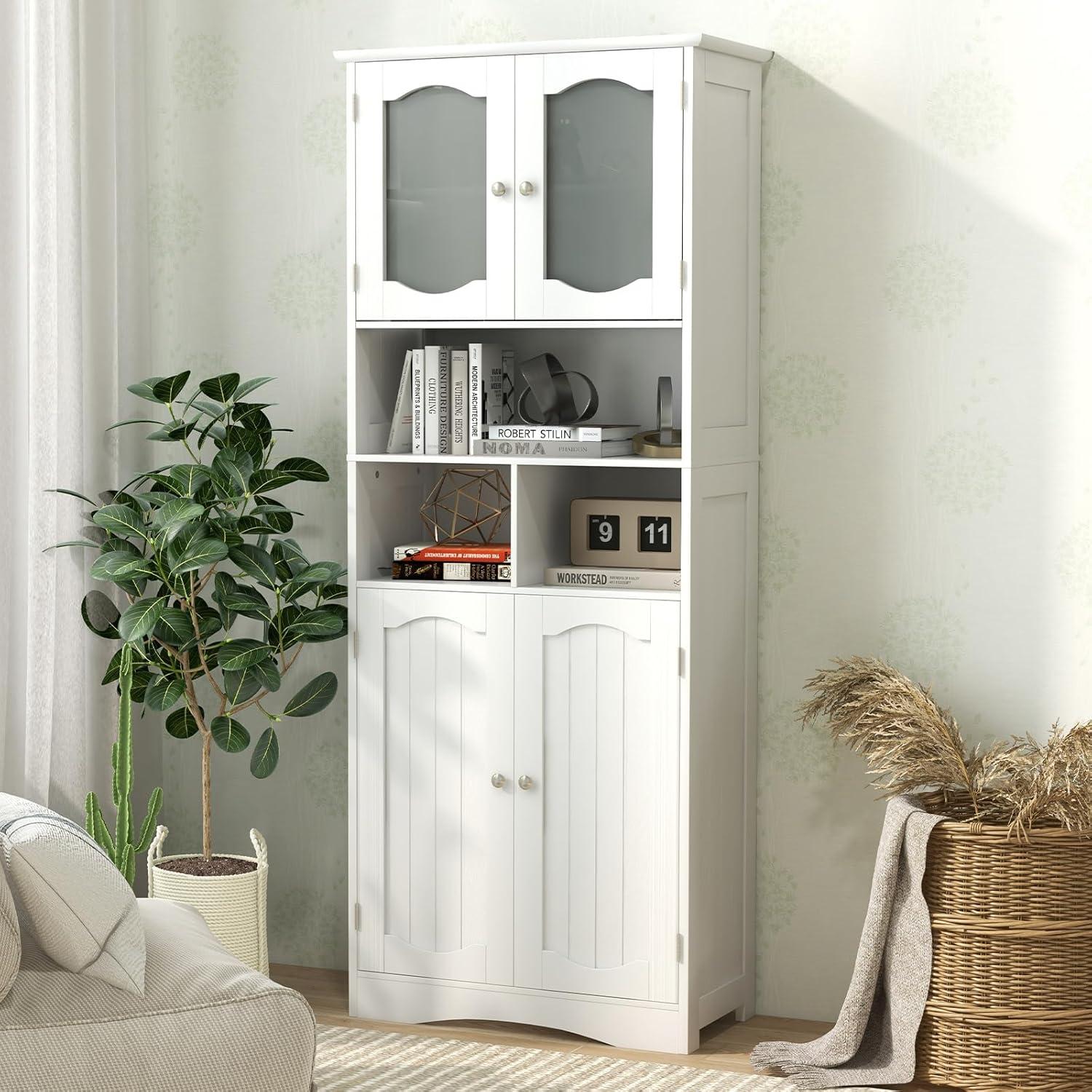 White Tall Freestanding Cabinet with Frosted Glass Doors and Adjustable Shelves