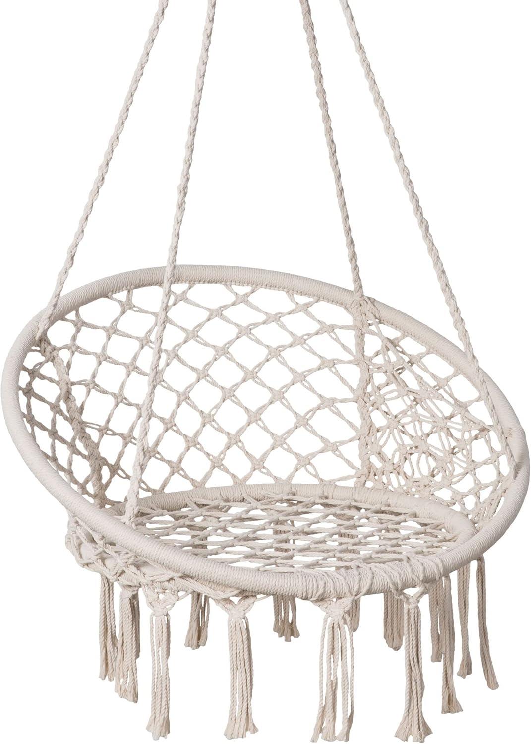 Beige Cotton Rope Macrame Hanging Chair with Cushions