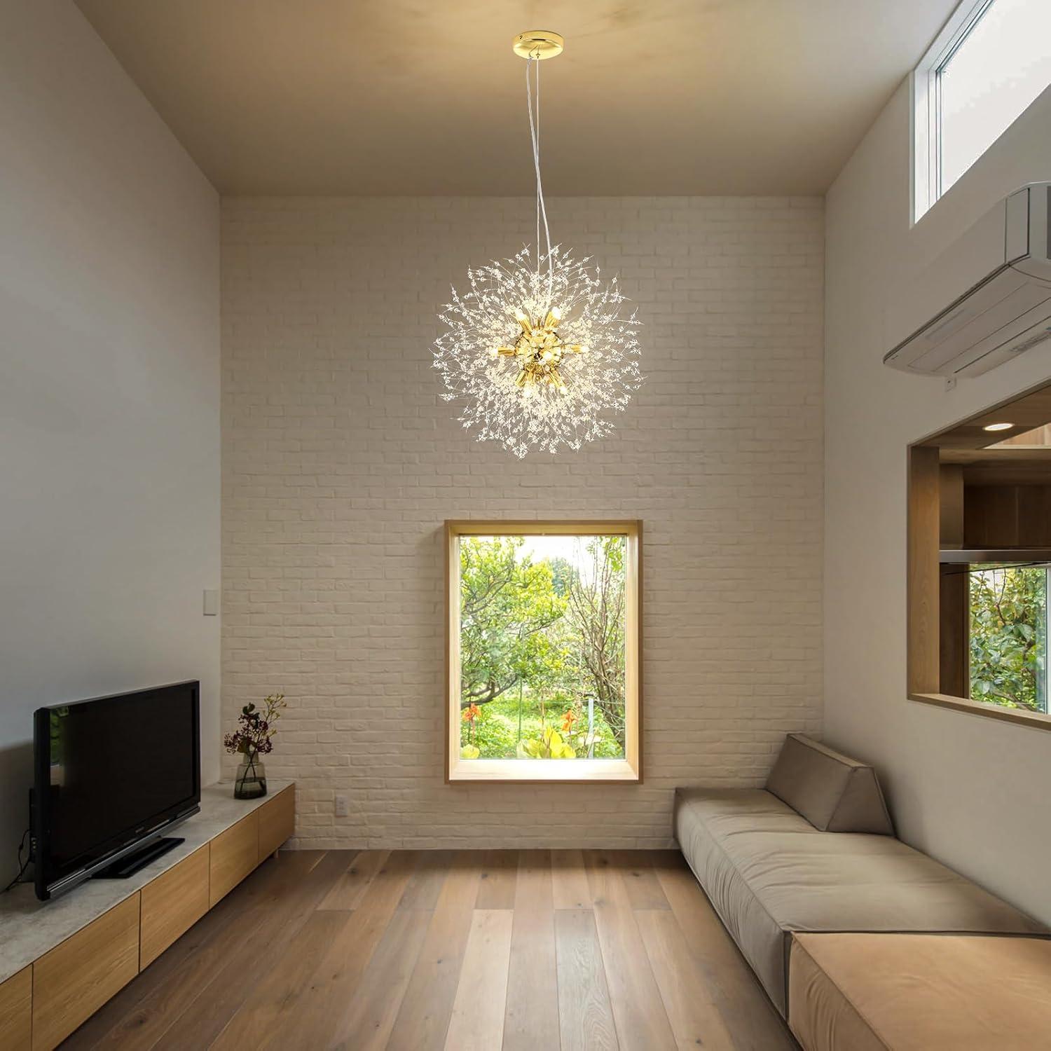 Mercer41 Modern Gold Crystal Chandelier With 12-Light Firework Design, Adjustable Dandelion Pendant Lighting For Dining Room, Living Room, Bedroom, Kitchen, And Hallway