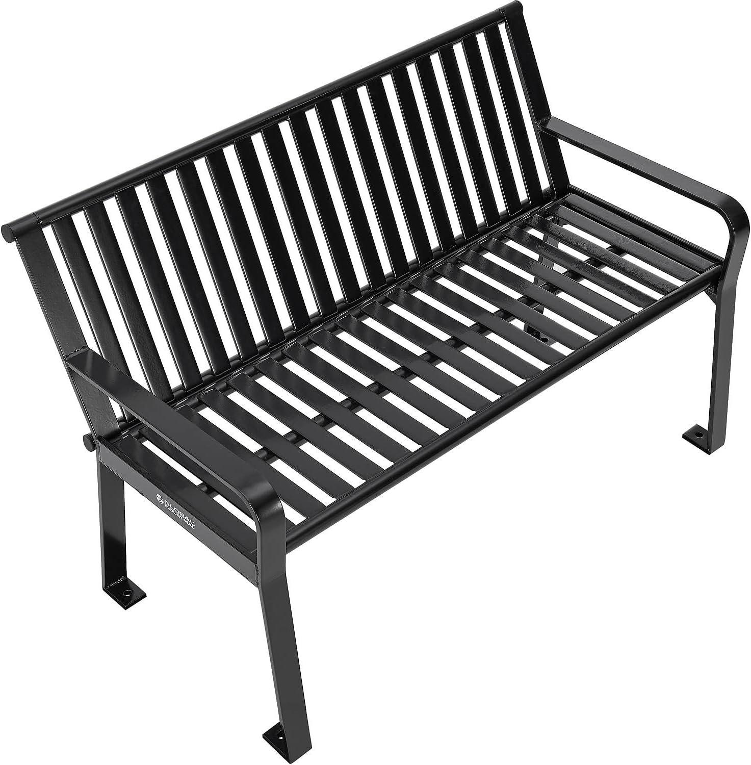 Global Industrial 4 ft. Outdoor Park Bench with Back, Vertical Steel Slat, Black, Unassembled