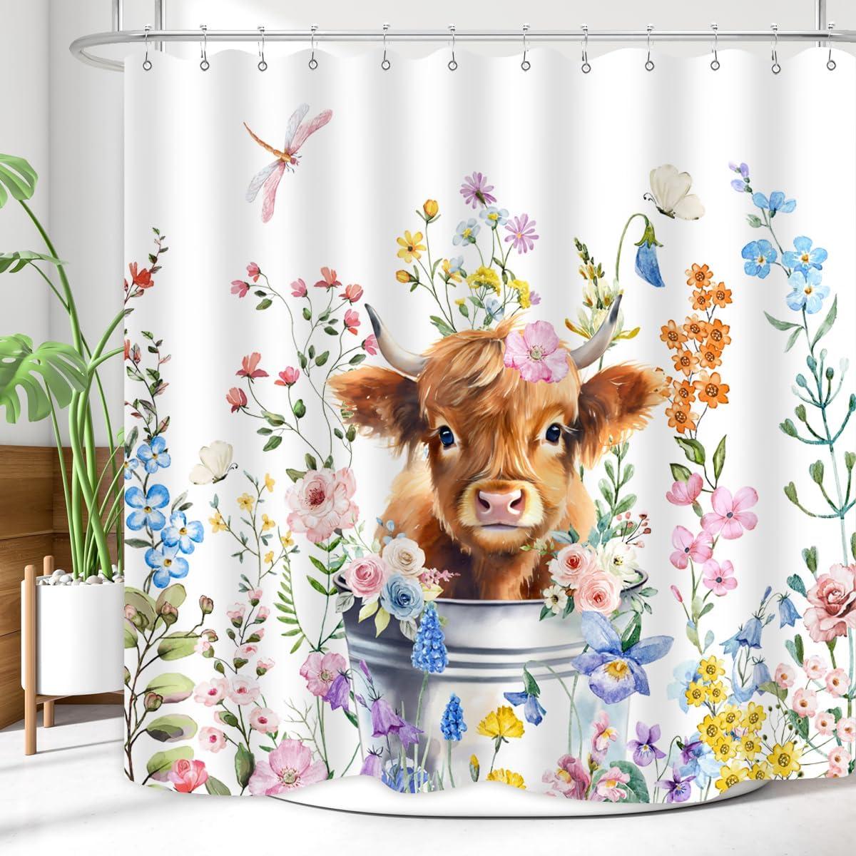 Cute Highland Cow Shower Curtain Watercolor Floral Spring Wildflower Funny Western Cattle Farm Animal Home Bathroom Decor Waterproof Fabric 72Lx72W Inch with 12PCS Hooks
