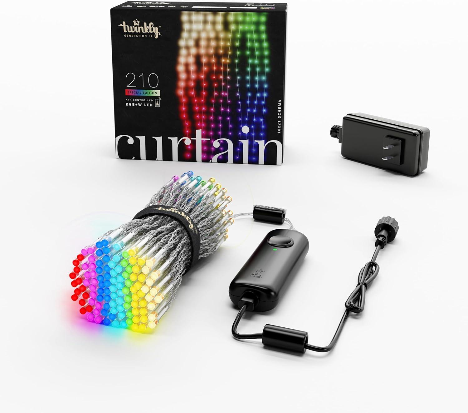 Twinkly Curtain App-Controlled LED Christmas Lights with 210 RGB+W (16 Million Colors + Warm White) LEDs. 5 by 7 feet. Clear Wire
