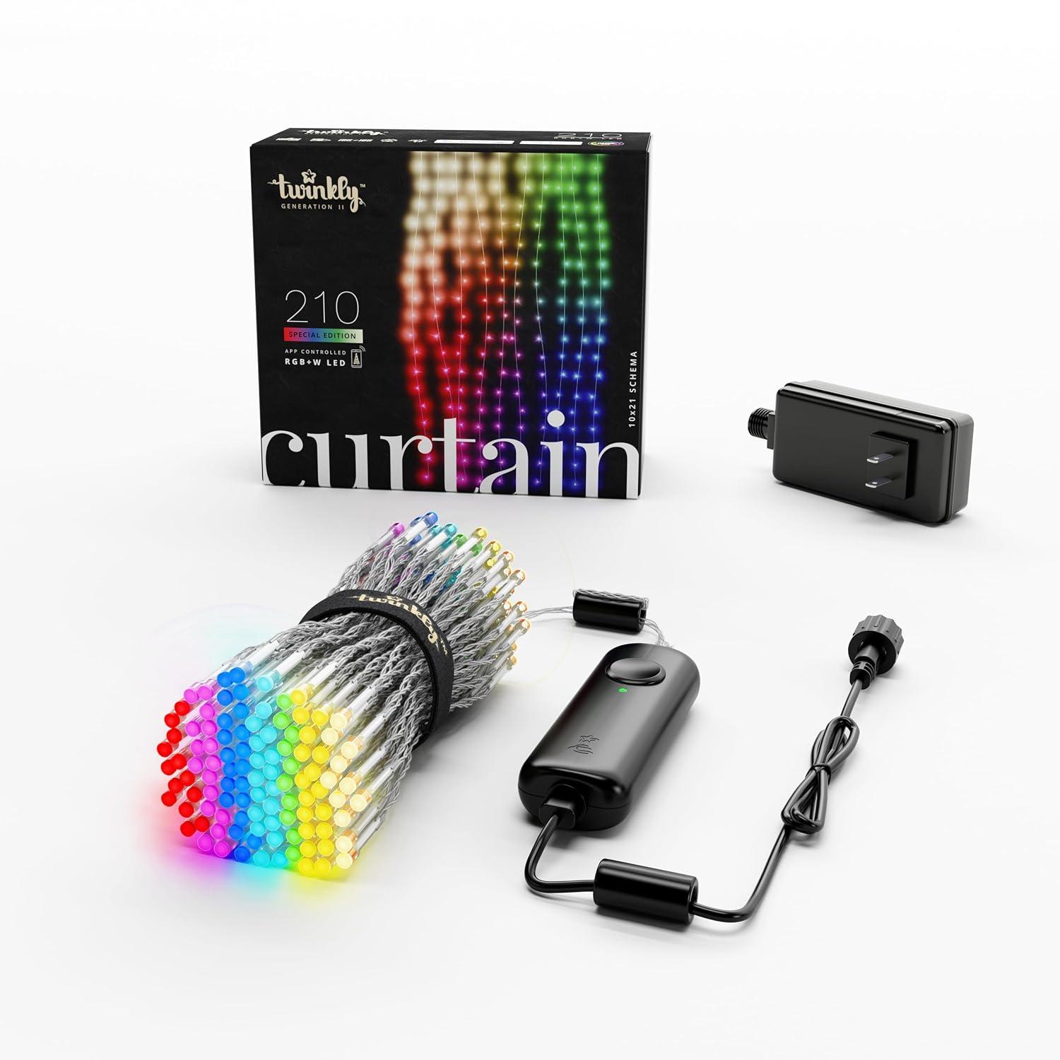 Twinkly Curtain App-Controlled LED Christmas Lights with 210 RGB+W (16 Million Colors + Warm White) LEDs. 5 by 7 feet. Clear Wire