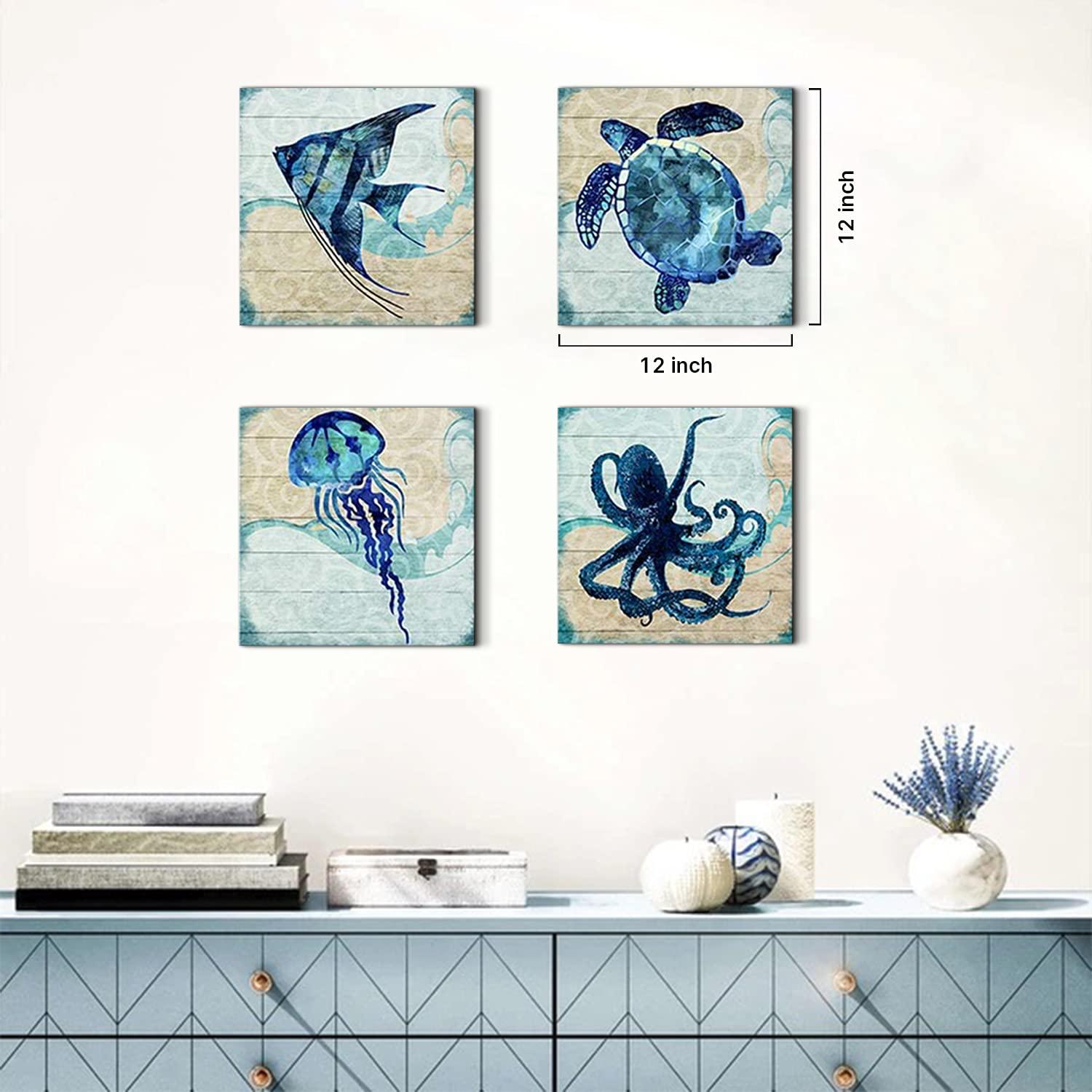 Navy Blue Bathroom Beach Decor Ocean Animals Wall Art Kids Nursery Room Paintings Canvas Rustic Sea Turtle Octopus Jellyfish Fish Pictures Artwork for Bedroom Living Room Home Decorations 16x16” 4Pcs