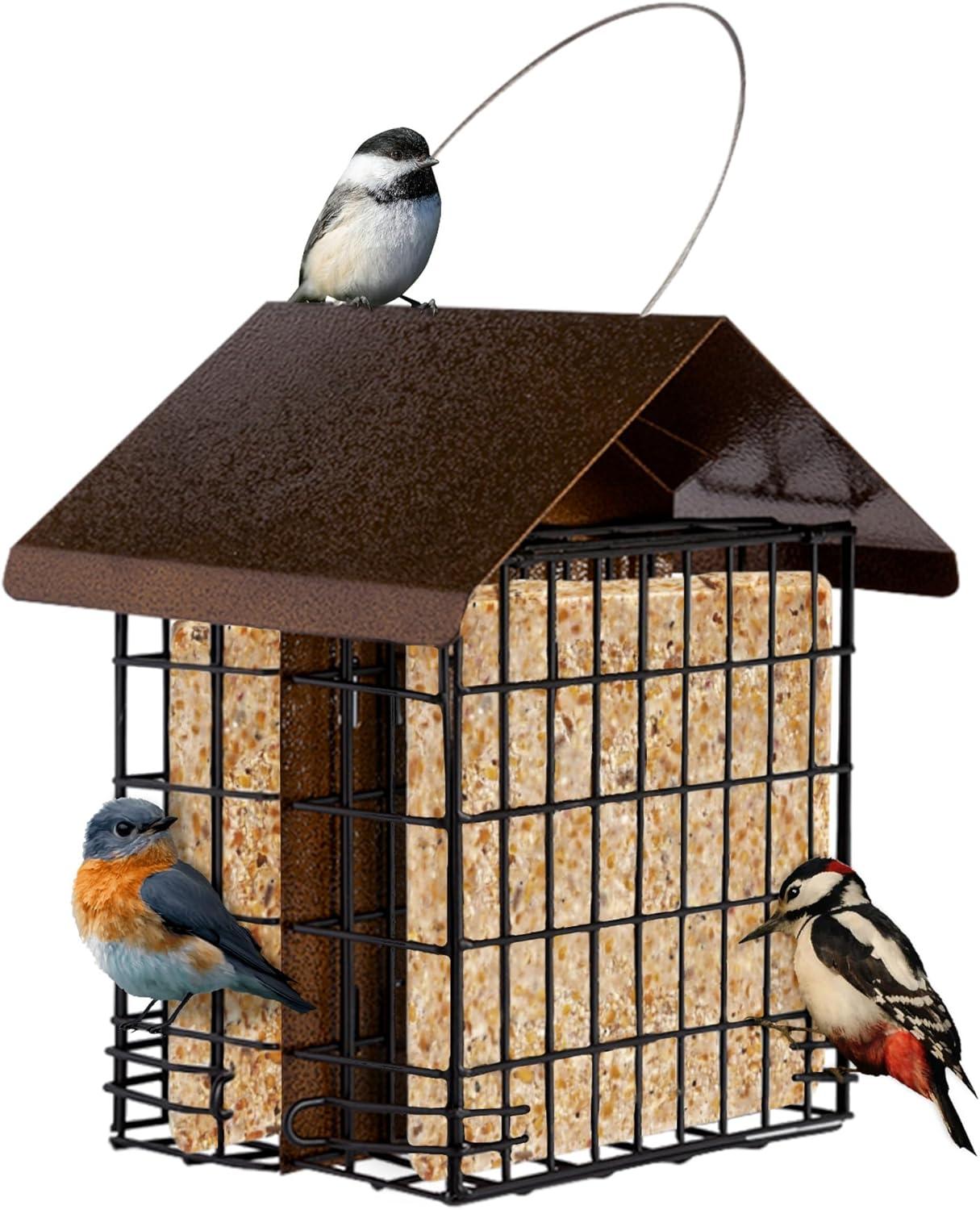 MEKKAPRO Suet Feeder with Hanging Metal Roof, Two Suet Capacity.
