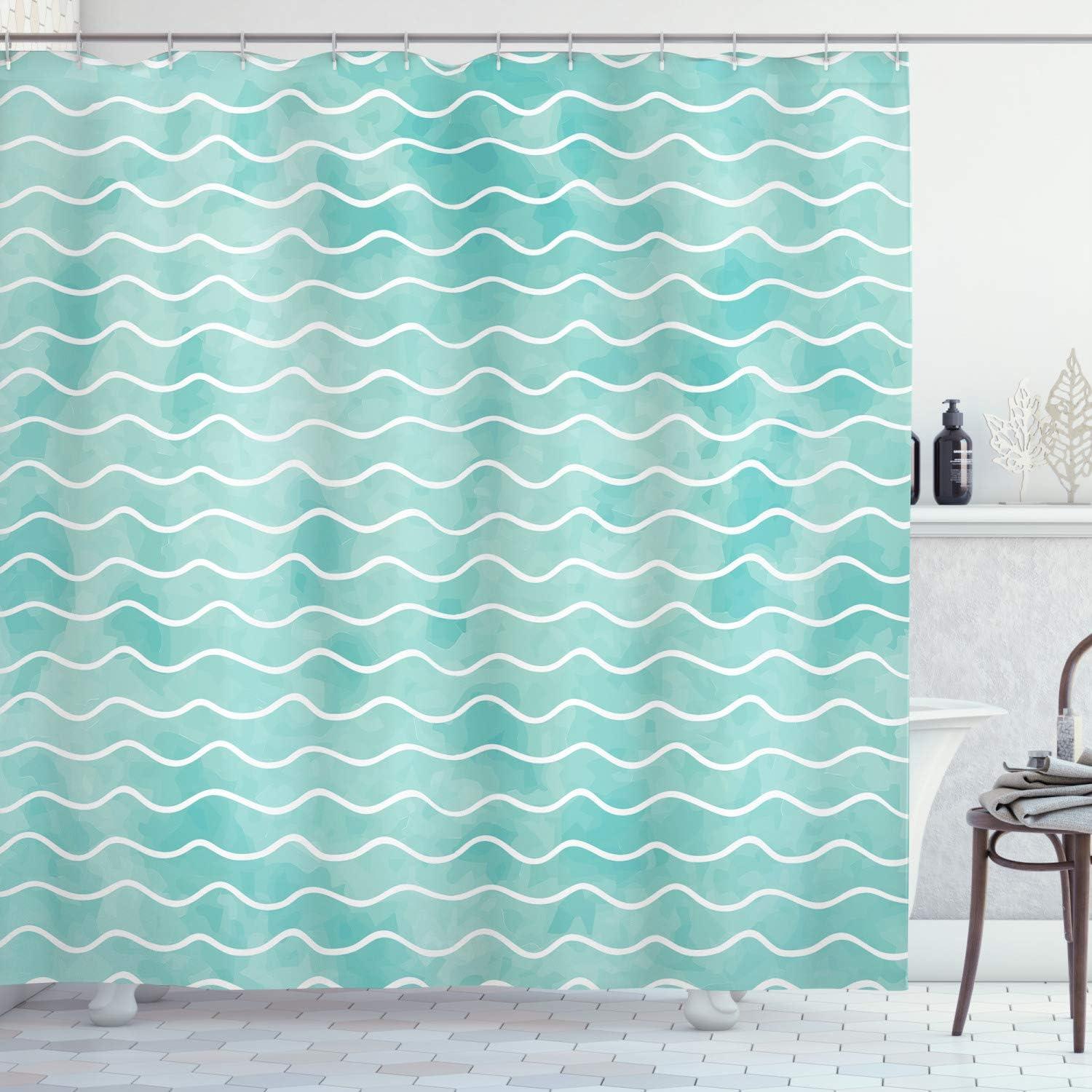 Turquoise White Ocean Wave Fabric Shower Curtain 69" x 70"