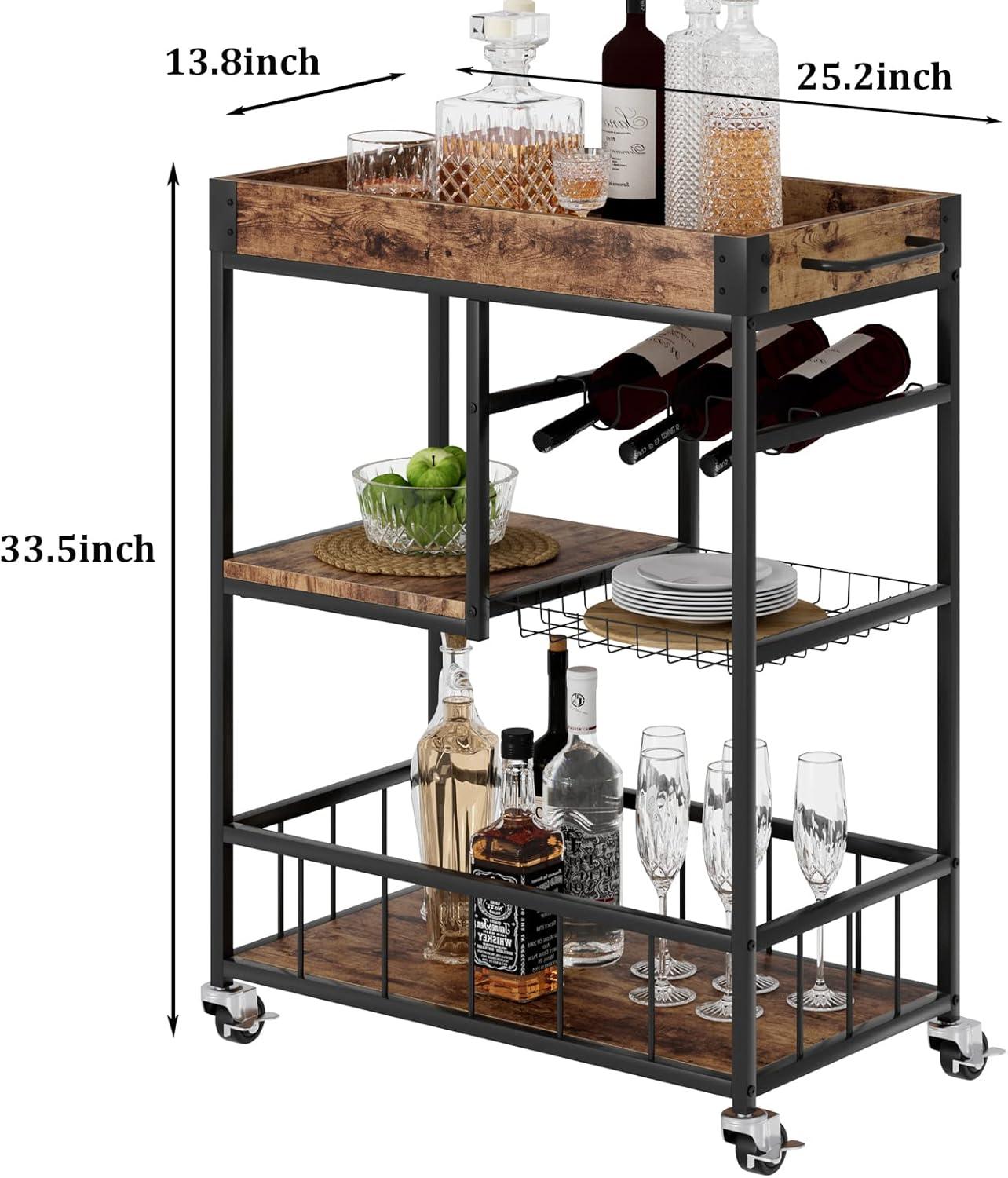 Bar Cart with Basket 3 Tiers Home Rolling Wine Rack with Wheels Mobile Kitchen Industrial Vintage Style Wood Metal Serving Trolley Serving Cart,Glass Holder Bar Cabinet