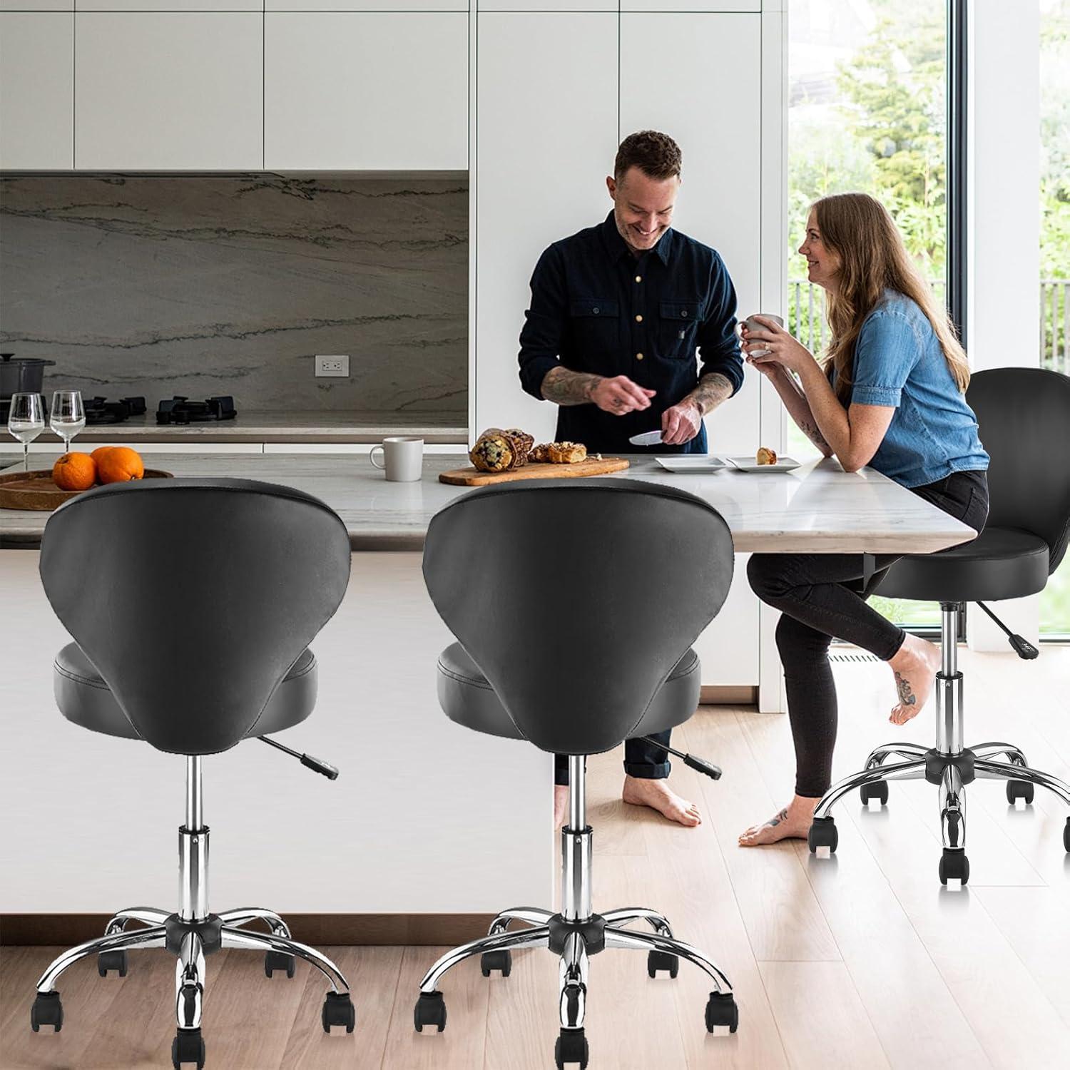 Black Adjustable Height Ergonomic Leather Lab Stool with Wheels