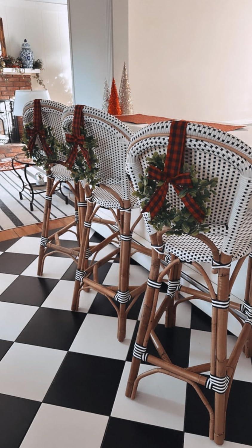 KOVOT Set of 4 Hanging Wreaths with Plaid Ribbon Bow. Christmas Decoration for Cabinets, Behind Chairs, Doors, Railings & Windows - Black & Red