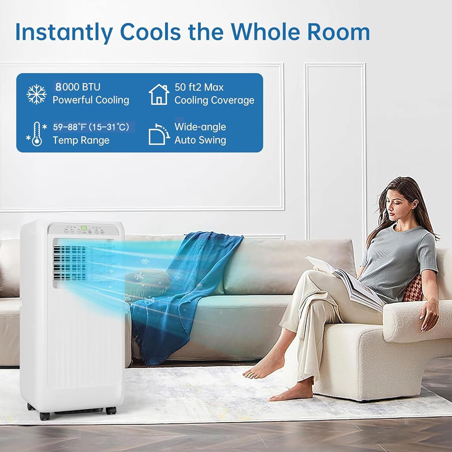 8000 BTU Portable Air Conditioner 4-in-1 Portable AC Unit Cool up to 350sq.ft, Portable Air Conditioners with Remote Control & Window Kit1-24H Timers