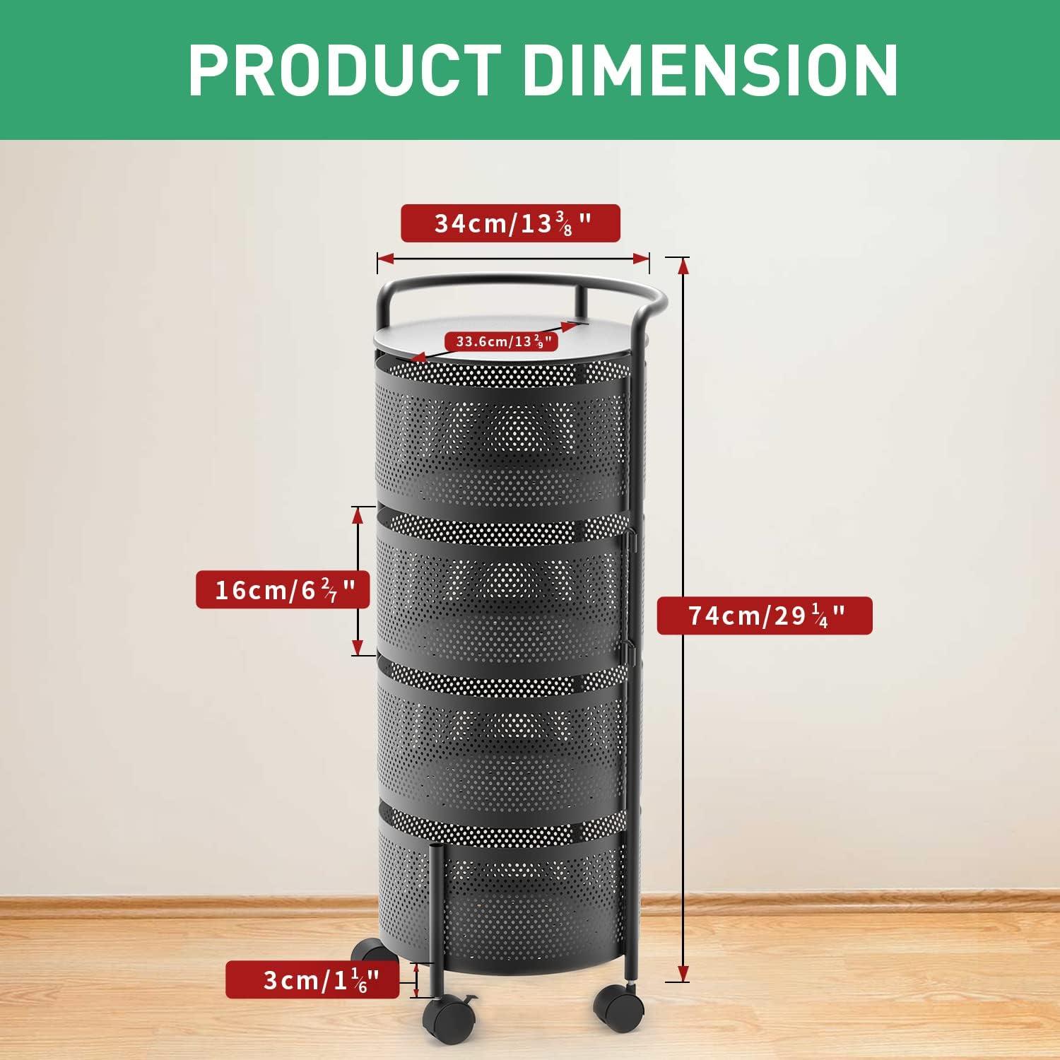 Rotating Kitchen Storage Rack No Assembly, 4-Tier Metal Storage Tower Basket Shelves Organizer on Rolling Wheels with Removal Drawers for Fruit Vegetable Grocery Corns Potato Onion (4-Tier, Black)