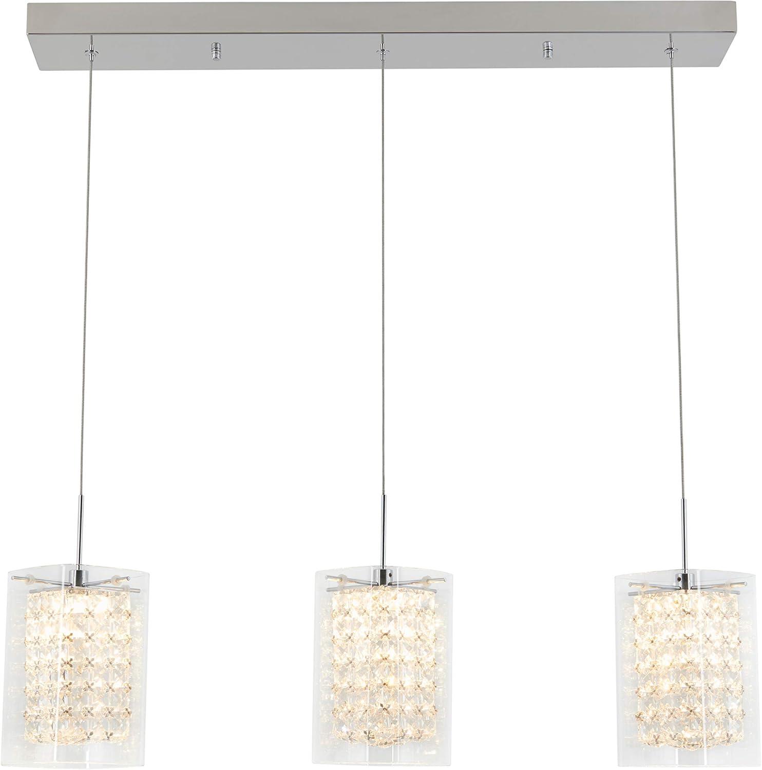 Crystal Cube 13-Watt 3 Light Chrome Modern Integrated LED Pendant Light Fixture for Dining Room or Kitchen