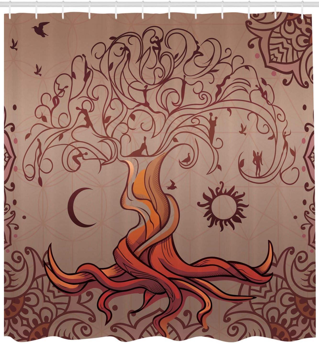 Ethnic Shower Curtain, Vintage Tree of Life with Sun and Moon Elf on Branches Enchanted Universe Image, Fabric Bathroom Set with Hooks, 69W X 70L Inches, Purple, by Ambesonne