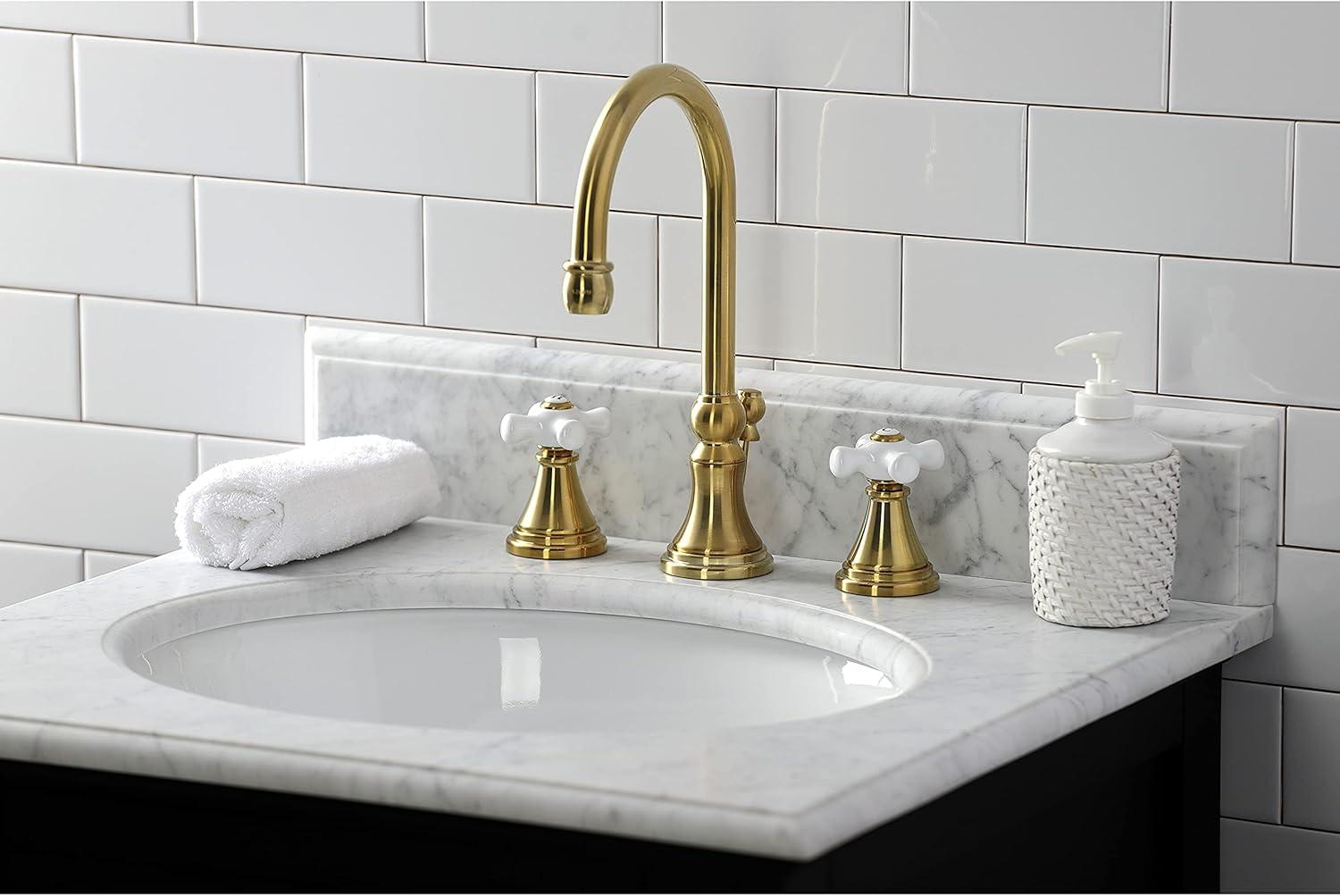 Kingston Brass Governor Two-Handle 3-Hole Deck Mount Widespread Bathroom Faucet with Brass Pop-Up Drain