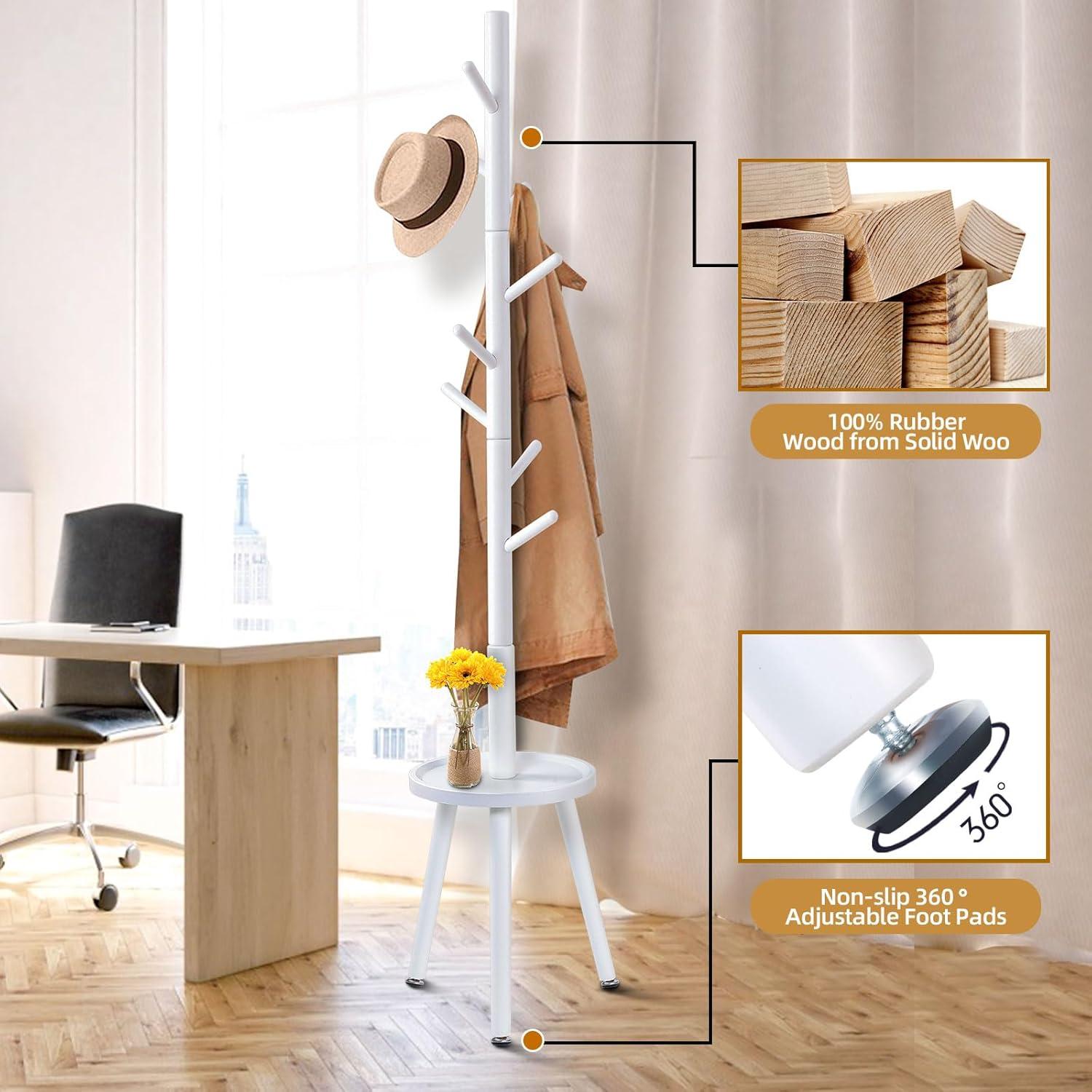 VASAGLE Solid Wood Coat Rack, Wood Hall Tree, Coat Rack Stand with 8 Hooks, Stable Square Base, 3 Height Options, for Living Room, Bedroom, Home Office, Cloud White