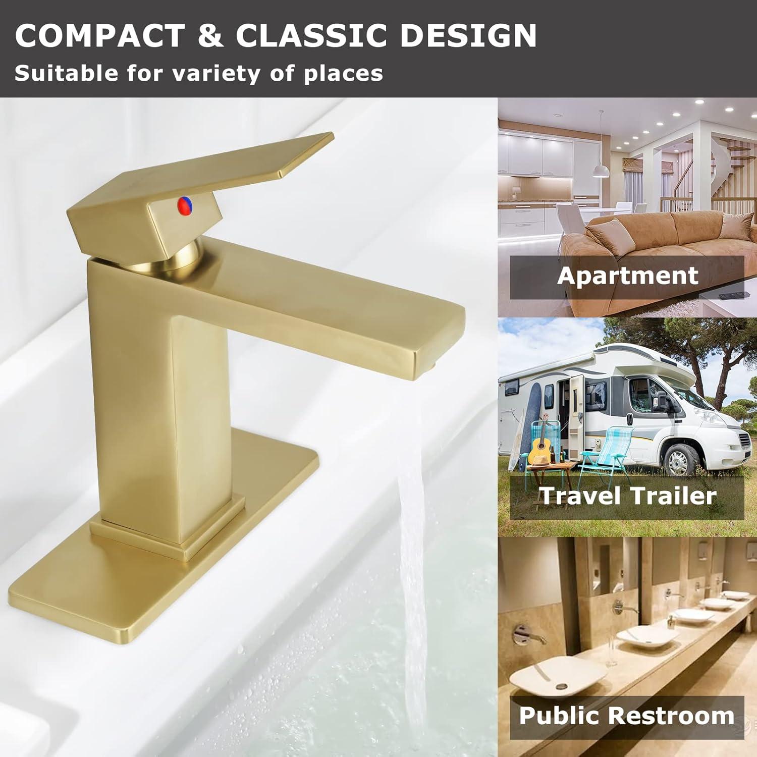 Brass Bathroom Sink Faucet Single Handle Lavatory Vanity Mixer Tap 1 Hole with Deck Plate, Metal Pop-up Drain Assembly & Water Supply Lines (Brushed Gold)