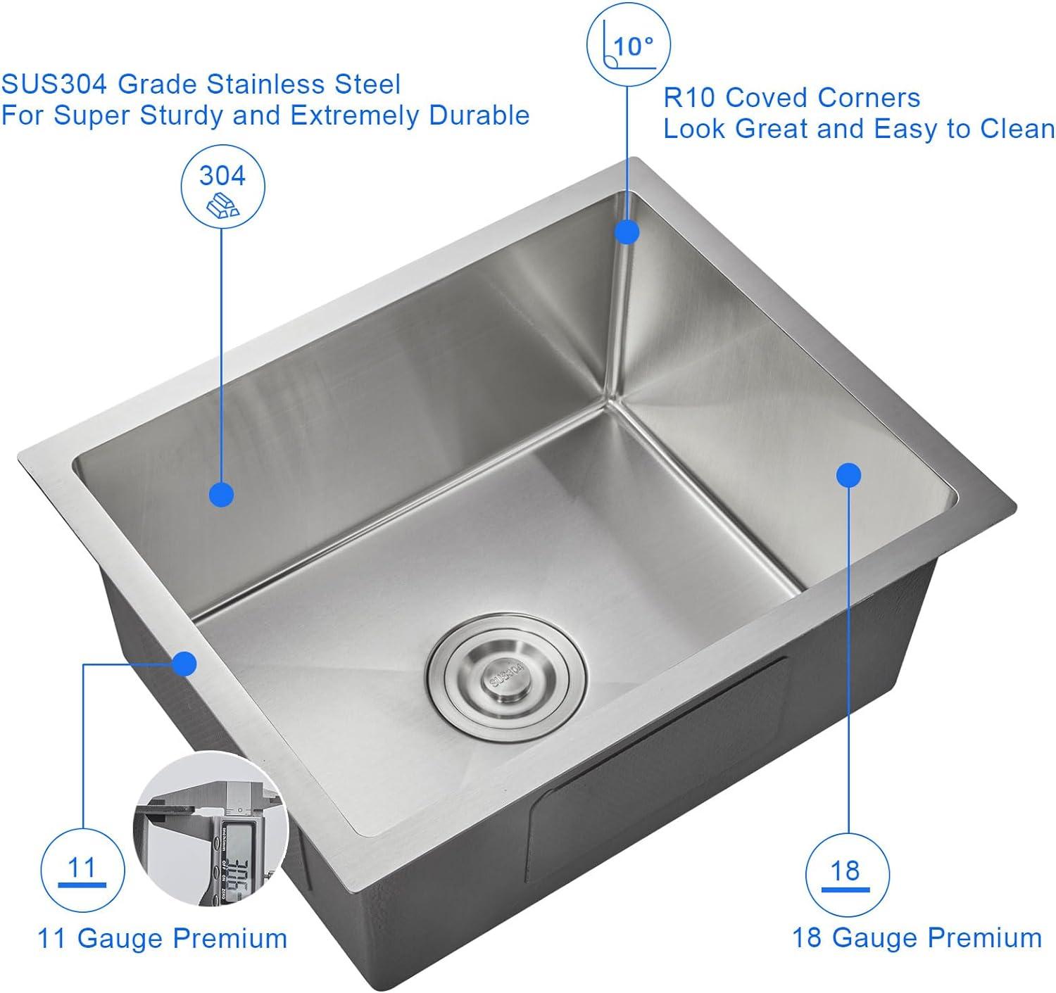 MENATT 22 inch Undermount Kitchen Sink, 22" x 18" Single Bowl Kitchen Sink Undermount Stainless Steel Handmade Bar Sink with Basket Strainer(Brushed)
