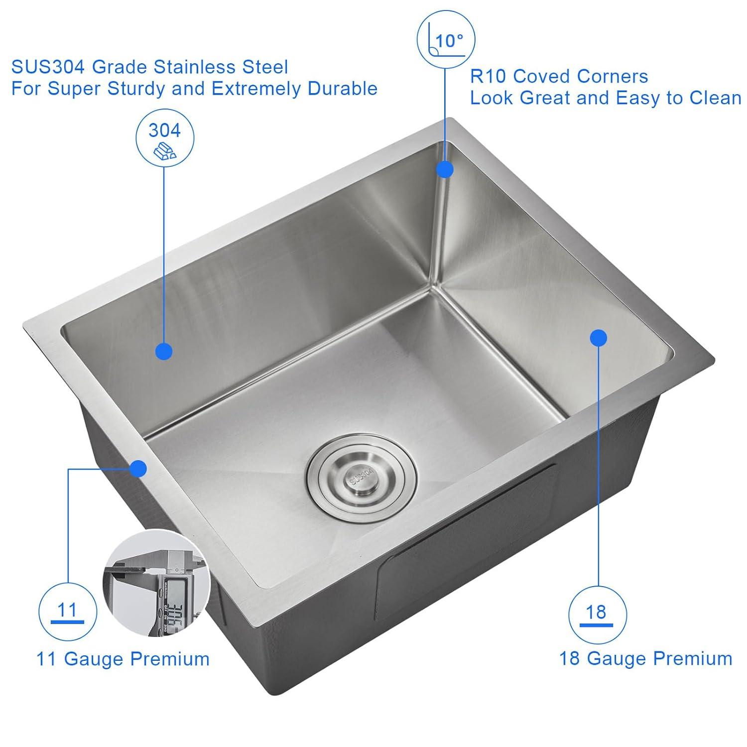 MENATT 22 inch Undermount Kitchen Sink, 22" x 18" Single Bowl Kitchen Sink Undermount Stainless Steel Handmade Bar Sink with Basket Strainer(Brushed)