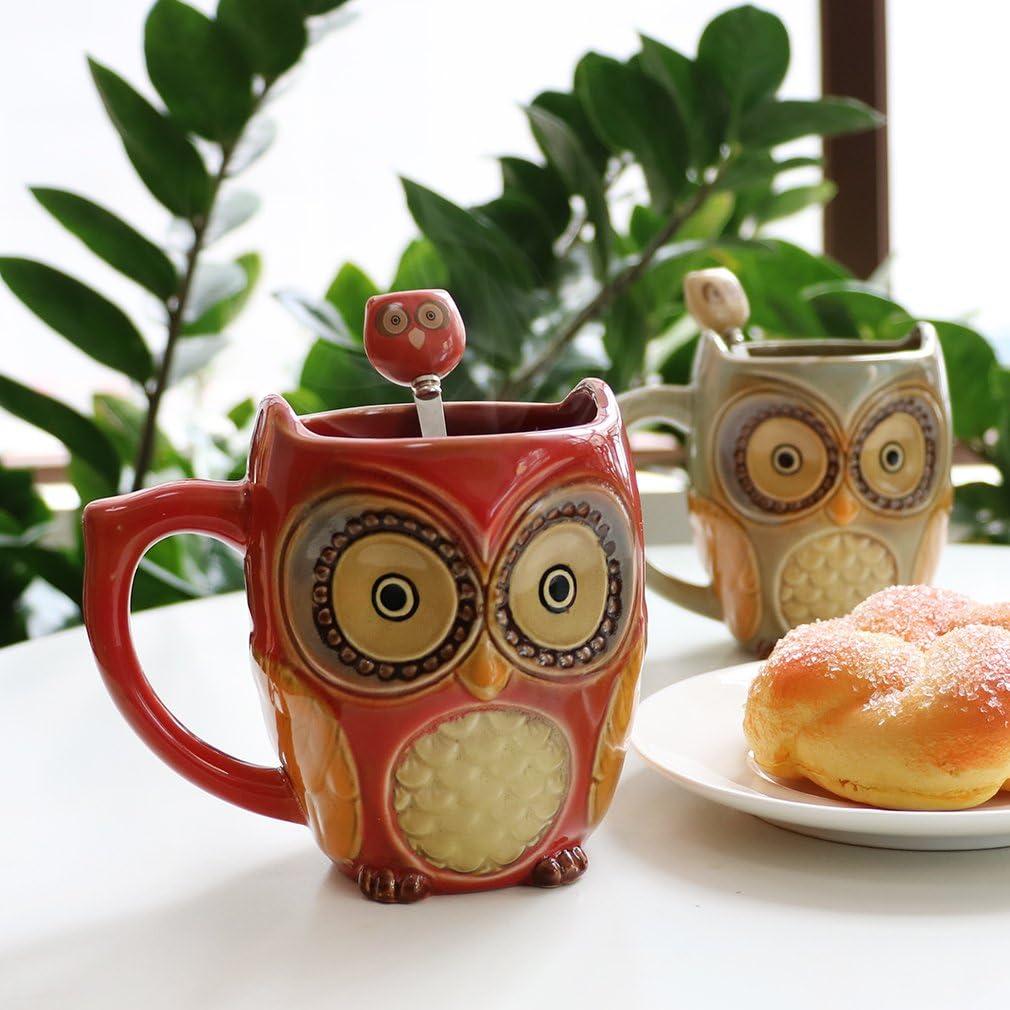 SQOWL 3D Coffee Mug Cute Set of 2 Owl Ceramic Coffee Mugs with spoons Office Tea Cups for Women Men 12 oz Cyan and Red