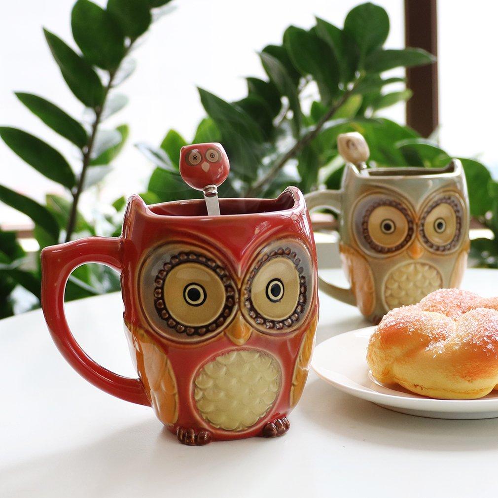 SQOWL 3D Coffee Mug Cute Set of 2 Owl Ceramic Coffee Mugs with spoons Office Tea Cups for Women Men 12 oz Cyan and Red