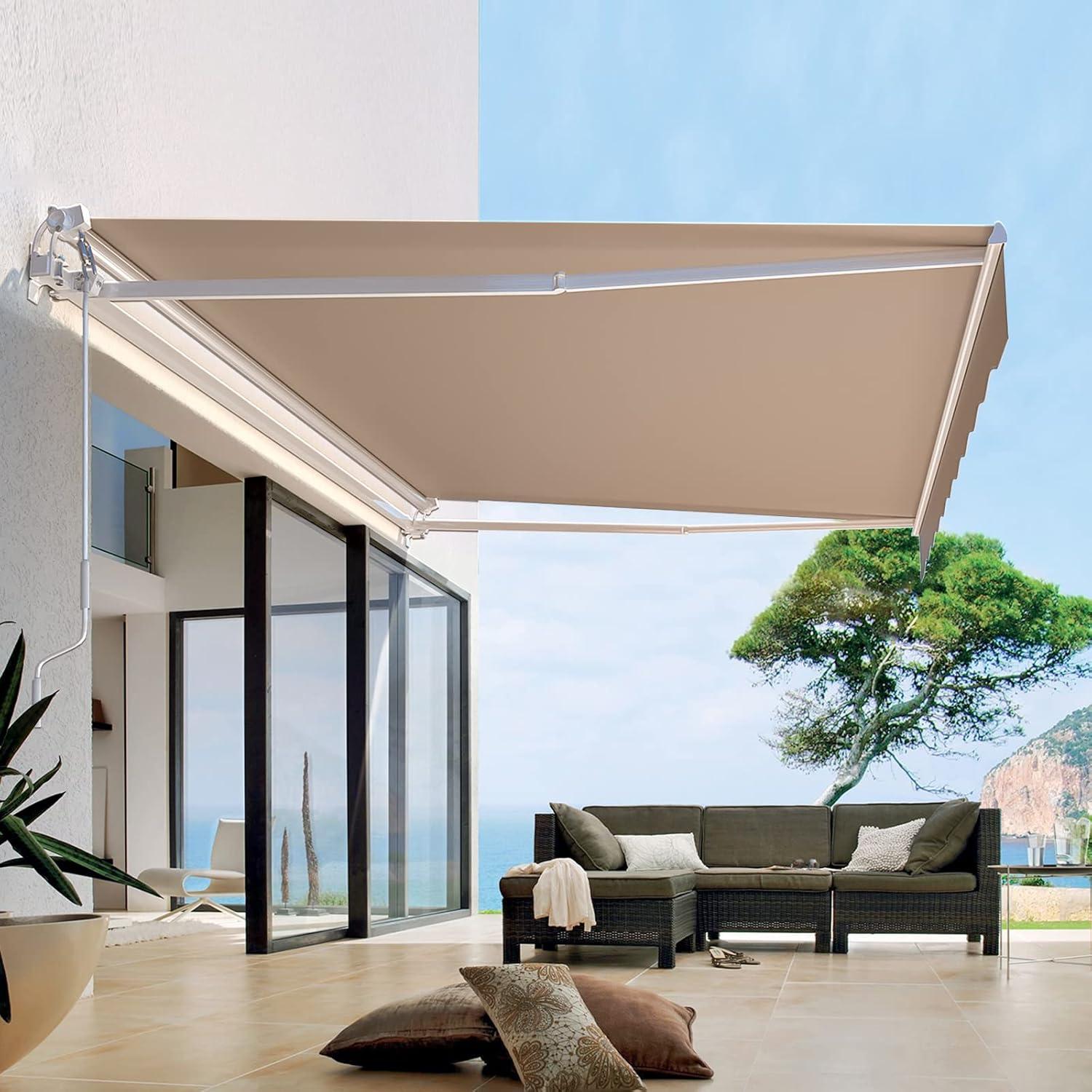 Beige 13' x 8' Manual Retractable Patio Awning with Aluminum Frame