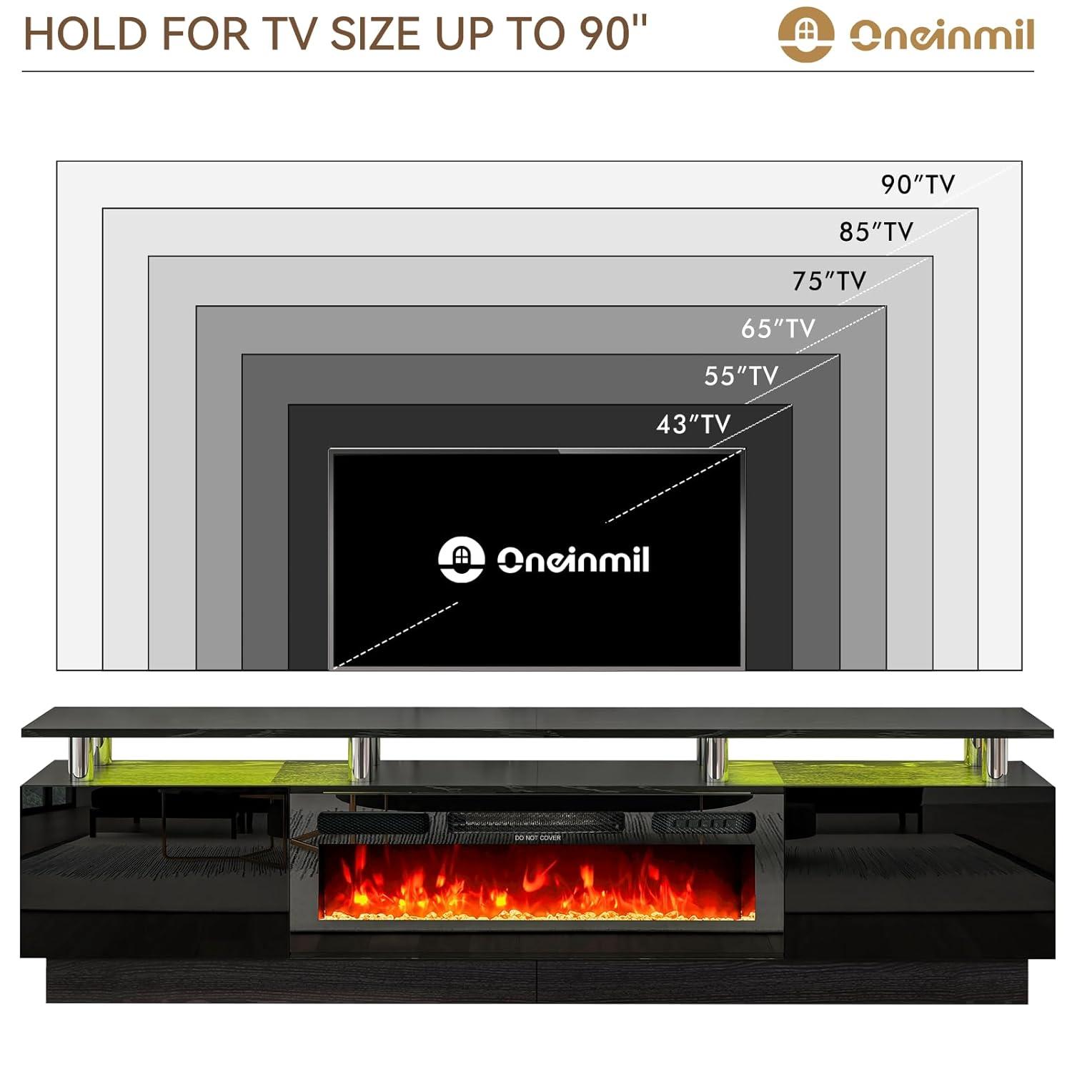 AOXUN Fireplace TV Stand with 36" Electric Fireplace, 80" 2 Tier TV Console Stand for TVs Up to 90", Black