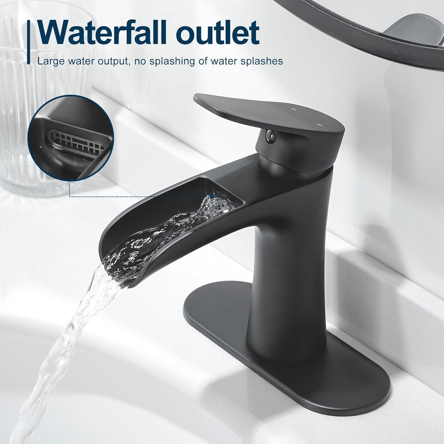 BWE Waterfall Single Handle Single Hole Modern Bathroom Faucet Bathroom Sink Faucet in Matte Black