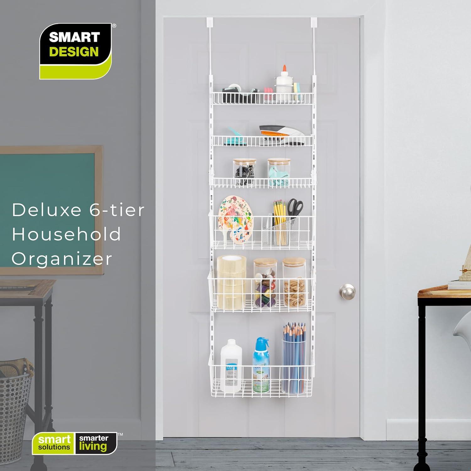 Smart Design Over the Door Pantry Organizer Rack with 6 Adjustable Steel Shelves - White