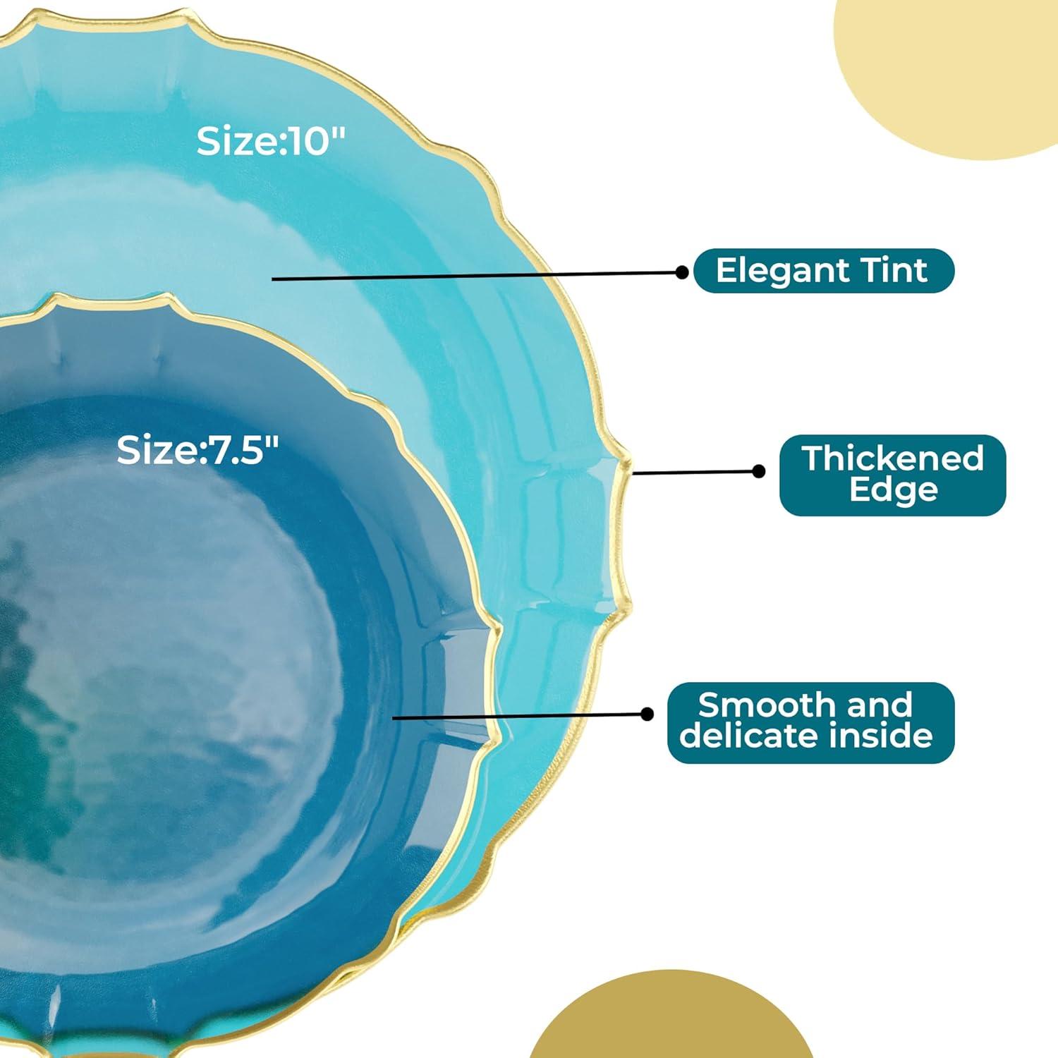 Trendables 40 Pieces Plastic Disposable Wedding Plates Set - 20 x 7.5" & 20 x 10" Thin & Delicate Peacock Tinted Petals Plates with Gold Rim-Serves 40