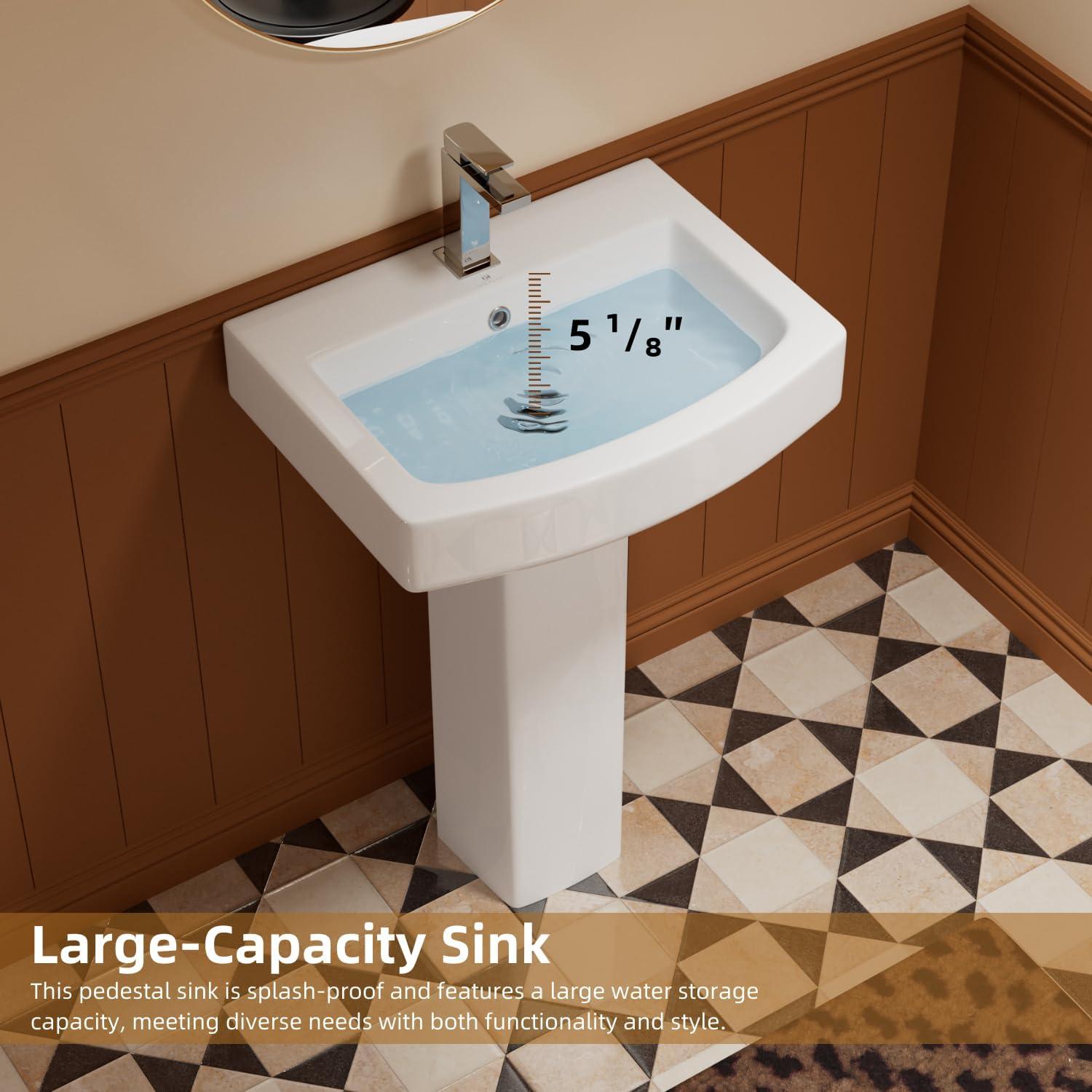 Classic Vintage Bathroom Pedestal Sink, Los Flexi 23"W x 19"D White Ceramic Freestanding Sinks for bathrooms, Overflow, 3 Pre-Drilled Holes for 4-Inch Faucets, Easy Install