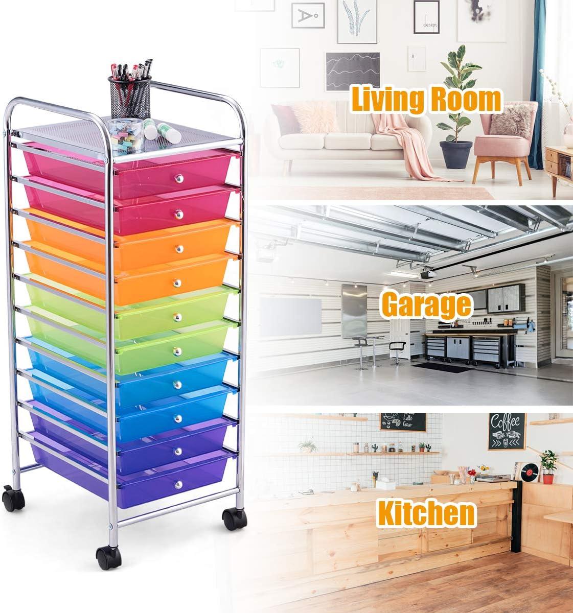 Multicolor 10-Drawer Rolling Storage Cart with Alloy Steel Frame