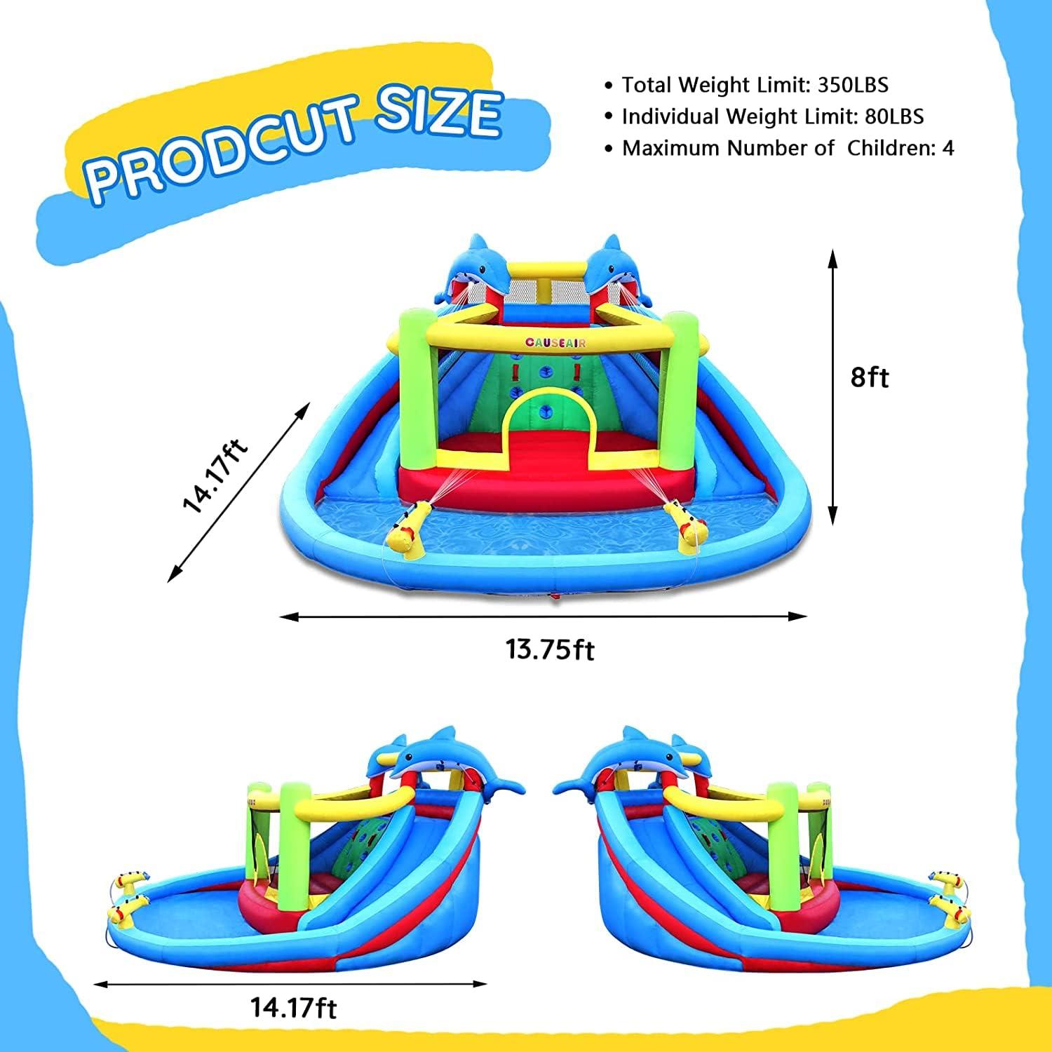 Inflatable Water Slide with Bounce House,Dolphin Styling,Splashing Pool,Double Water Cannon,Climbing Wall,Heavy Duty GFCI Blower,Inflatable Water Park Slide for Kids Backyard Summer