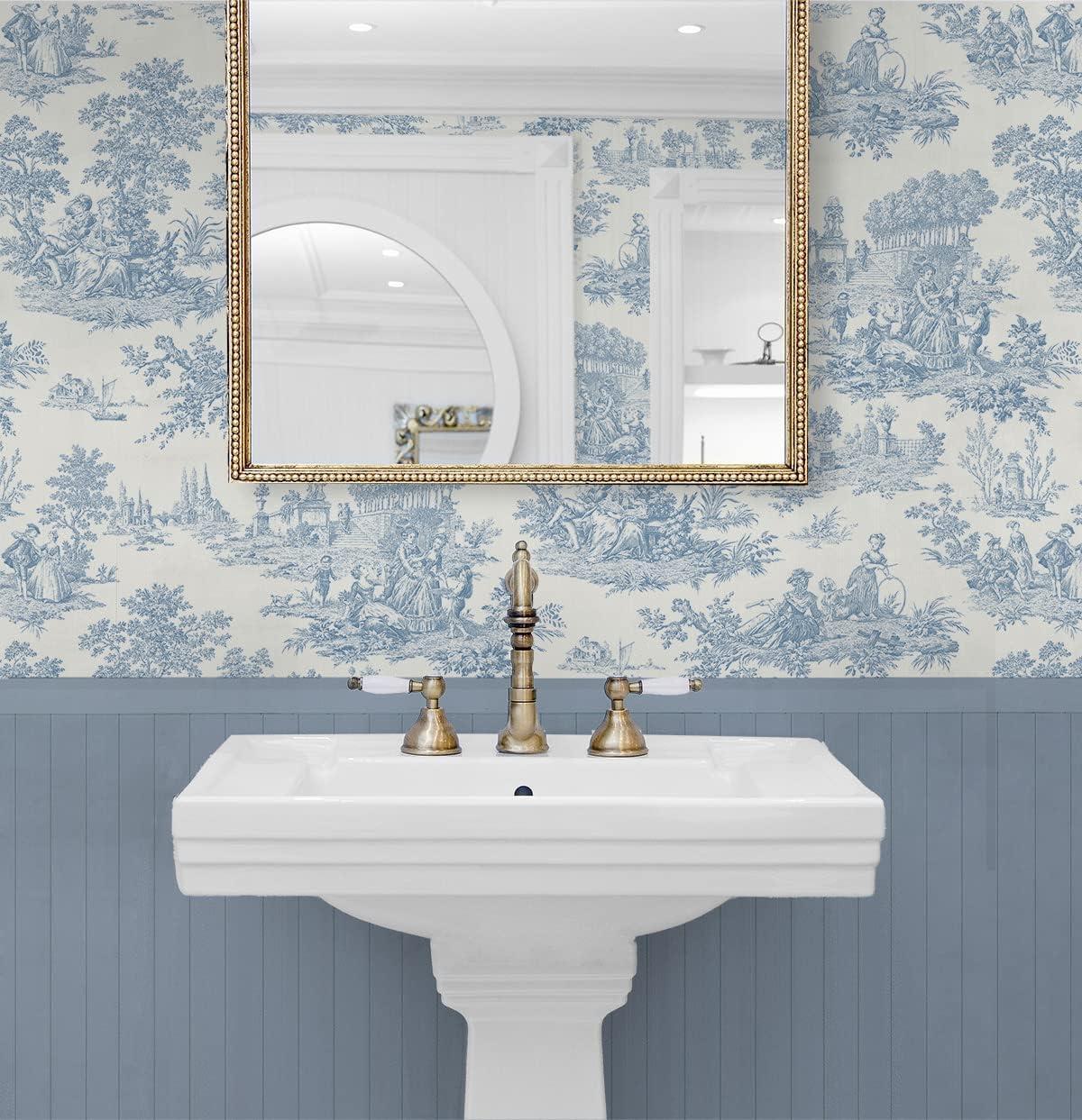 Seabrook Designs Blue Bell Chateau Toile Prepasted Wallpaper