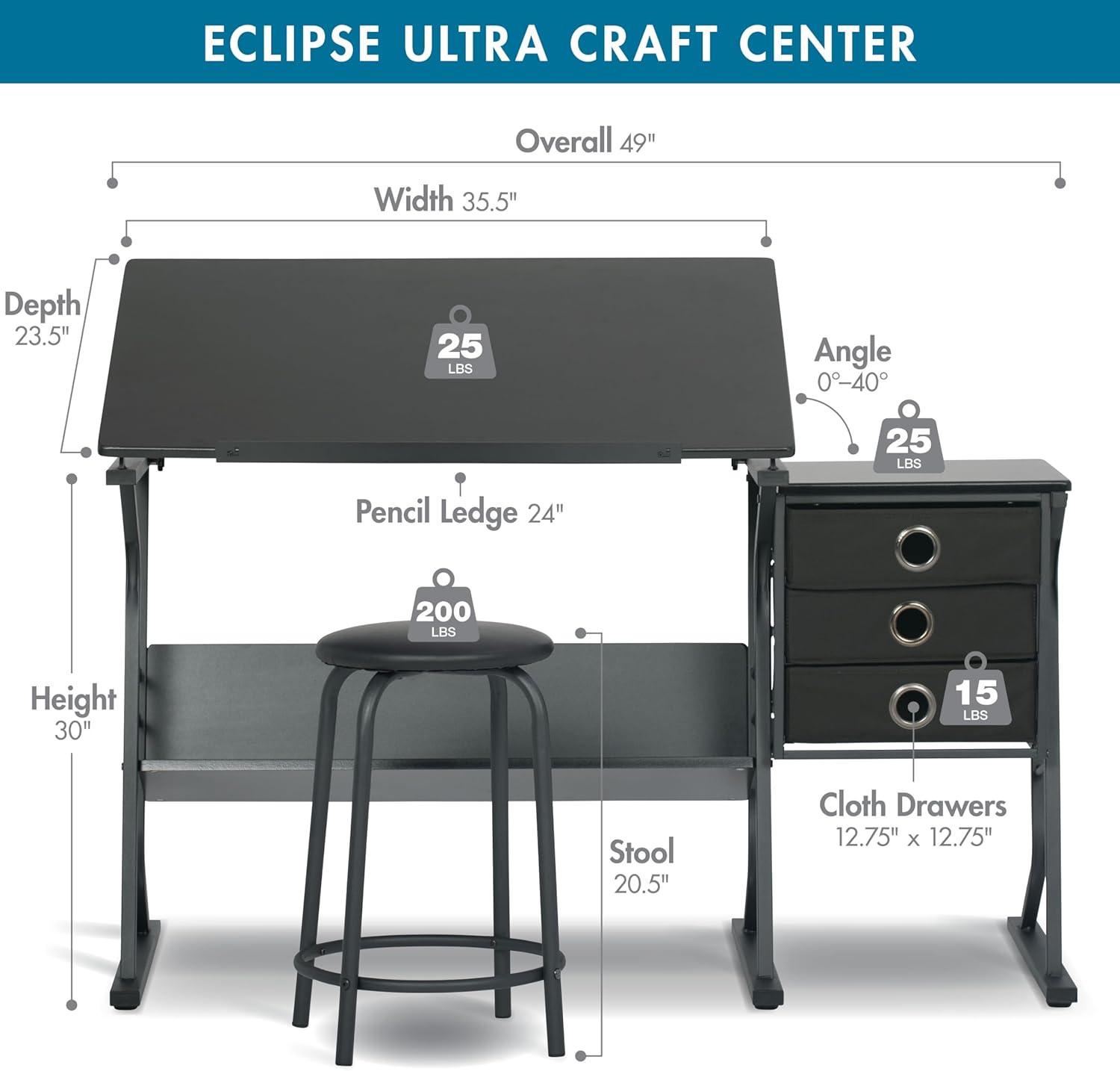 Studio Designs Home 2pc Eclipse Ultra Center/Drawing Table with Angle Adjustable Top, Storage Shelf, and Drawers with Padded Stool Set Black