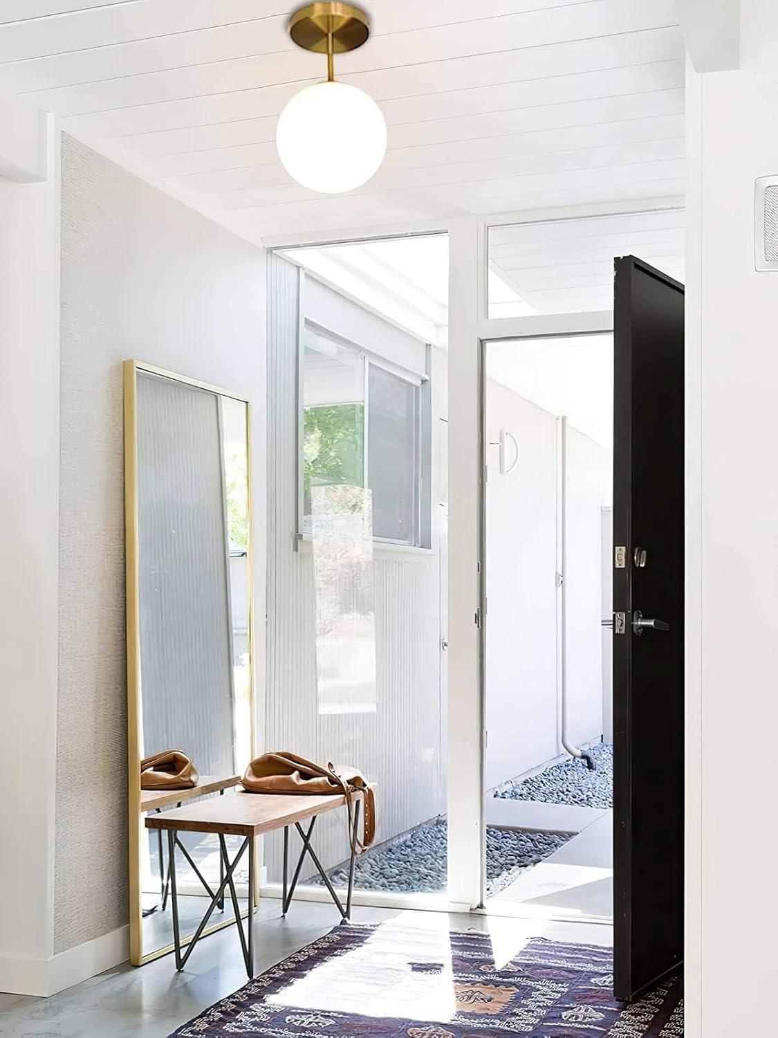 Mid Century Modern Globe Semi Flush Mount Ceiling Light Fixture Frosted Glass with Gold Brass Finish,1-Light Sphere Glass Pendant Lights for Aisle Porch Stairway Closet Kitchen Laundry Room(Bulb Incl)