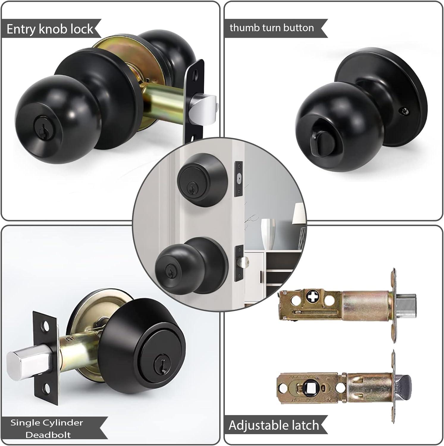 3 Pack Keyed Alike Entry Door Knobs and Single Cylinder Deadbolt Lock Combo Set Security for Entrance and Front Door with Classic Matte Black Finish