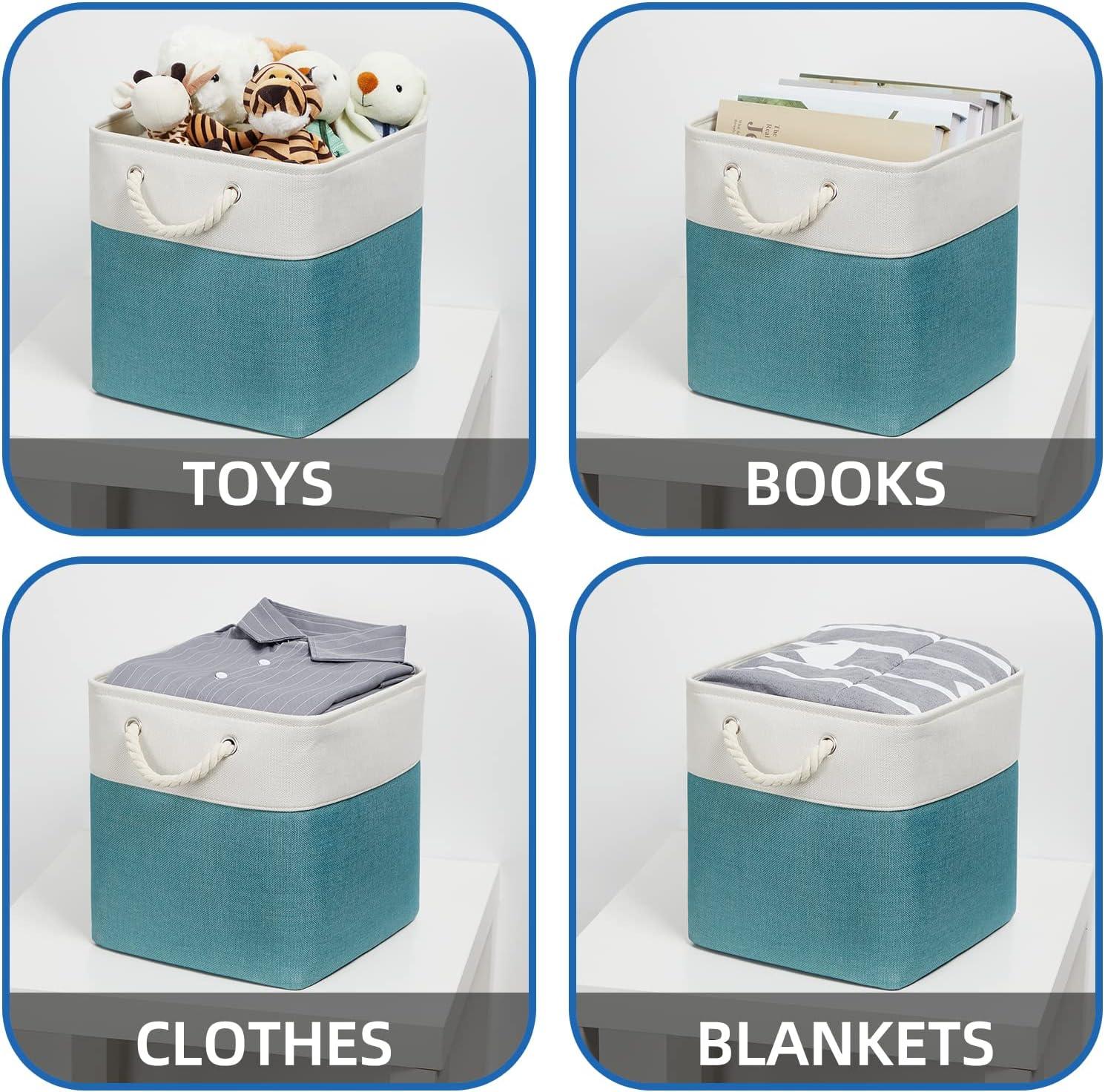 Tegance 13x13 Storage Cubes Baskets 4 Pack Fabric Cube Storage Bins Large Storage Baskets with Leather Handles,Decorative Storage Boxes for Organizing Shelves(WhiteGreen)