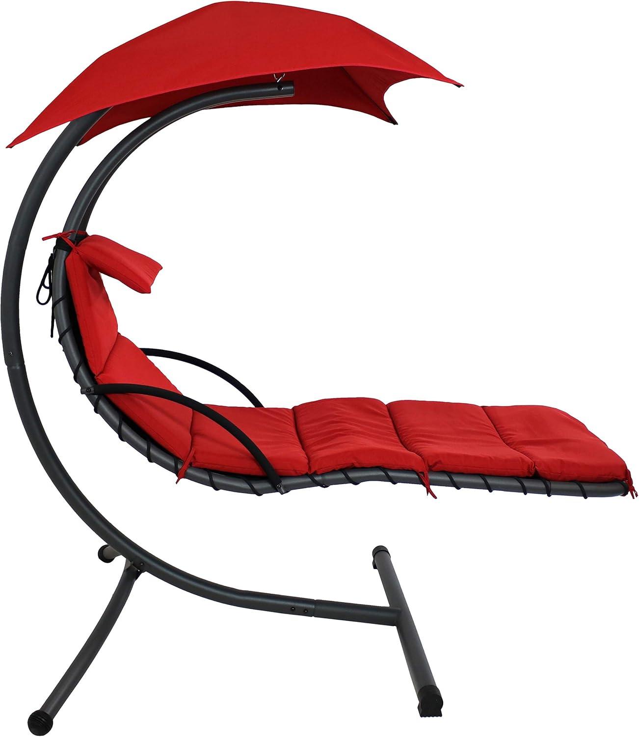 Sunnydaze Outdoor Hanging Chaise Floating Lounge Chair with Canopy Umbrella and Arc Stand, Burnt Orange
