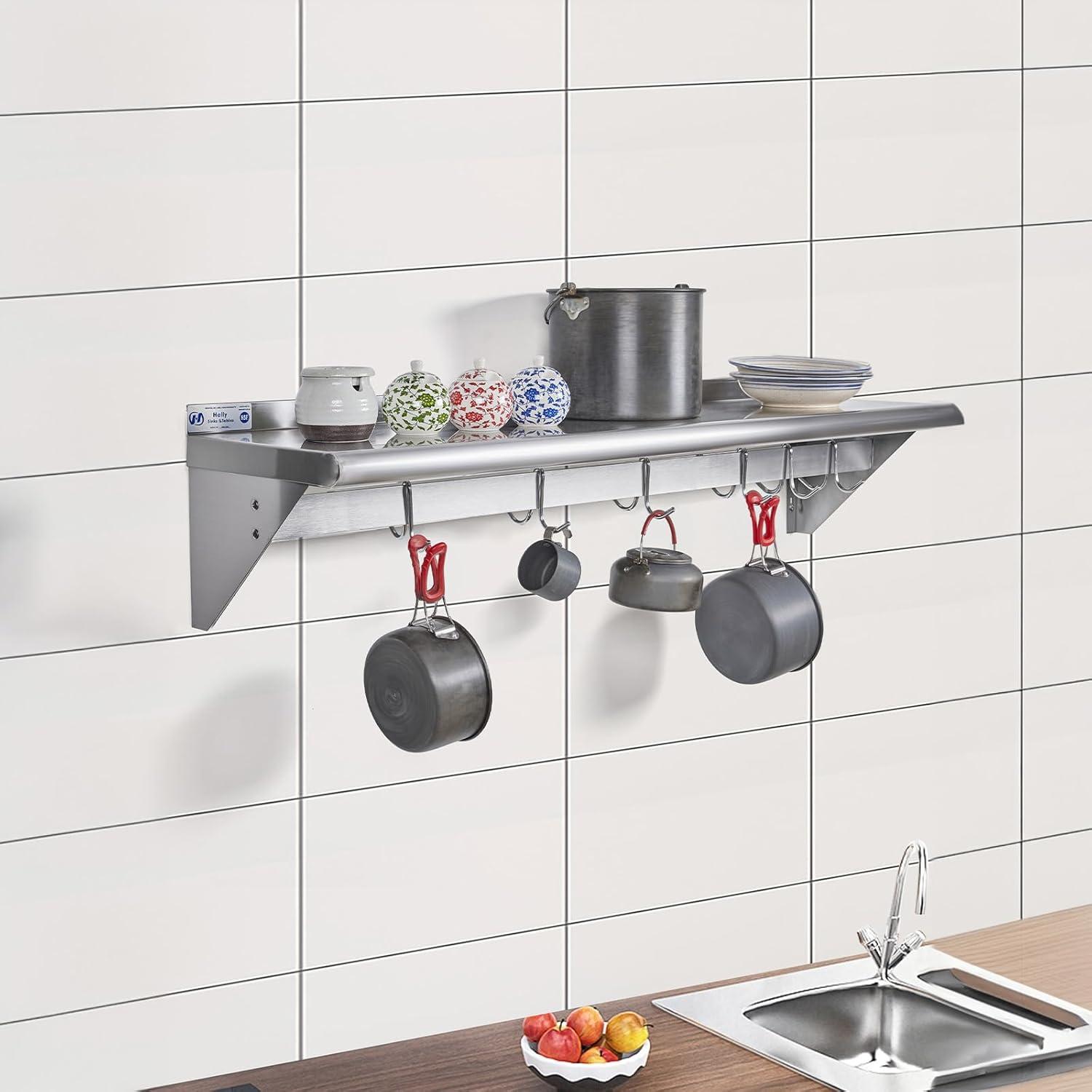 HALLY Stainless Steel Shelf with 6 Hooks 12" x 48" Wall Mounted Pot Rack, NSF Commercial Floating Shelving for Storage Hanging Pots, Pans, cookware in Restaurant, Kitchen, Home and Hotel