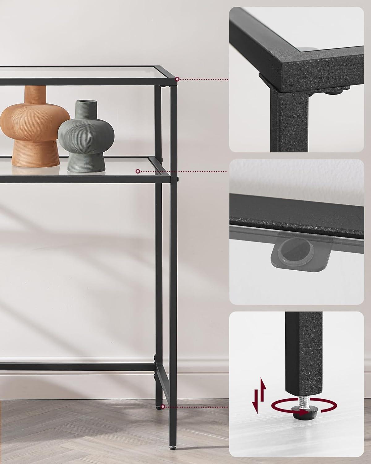 Black Metal and Glass Console Table with Storage Shelves