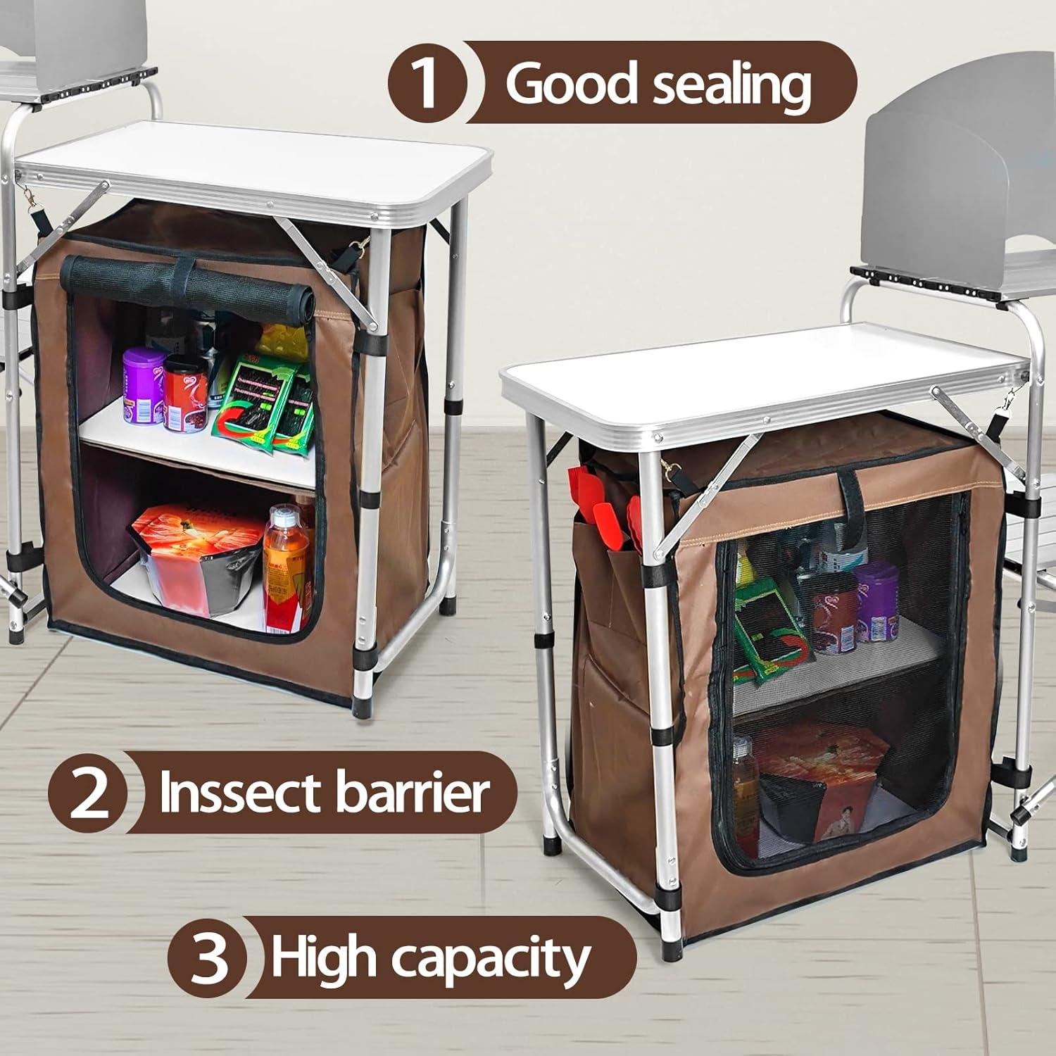 CampLand Folding Cooking Table Outdoor Portable Cook Station Aluminum Camping Kitchen with Storage Organizer, Windscreen, Hooks for BBQ, Party