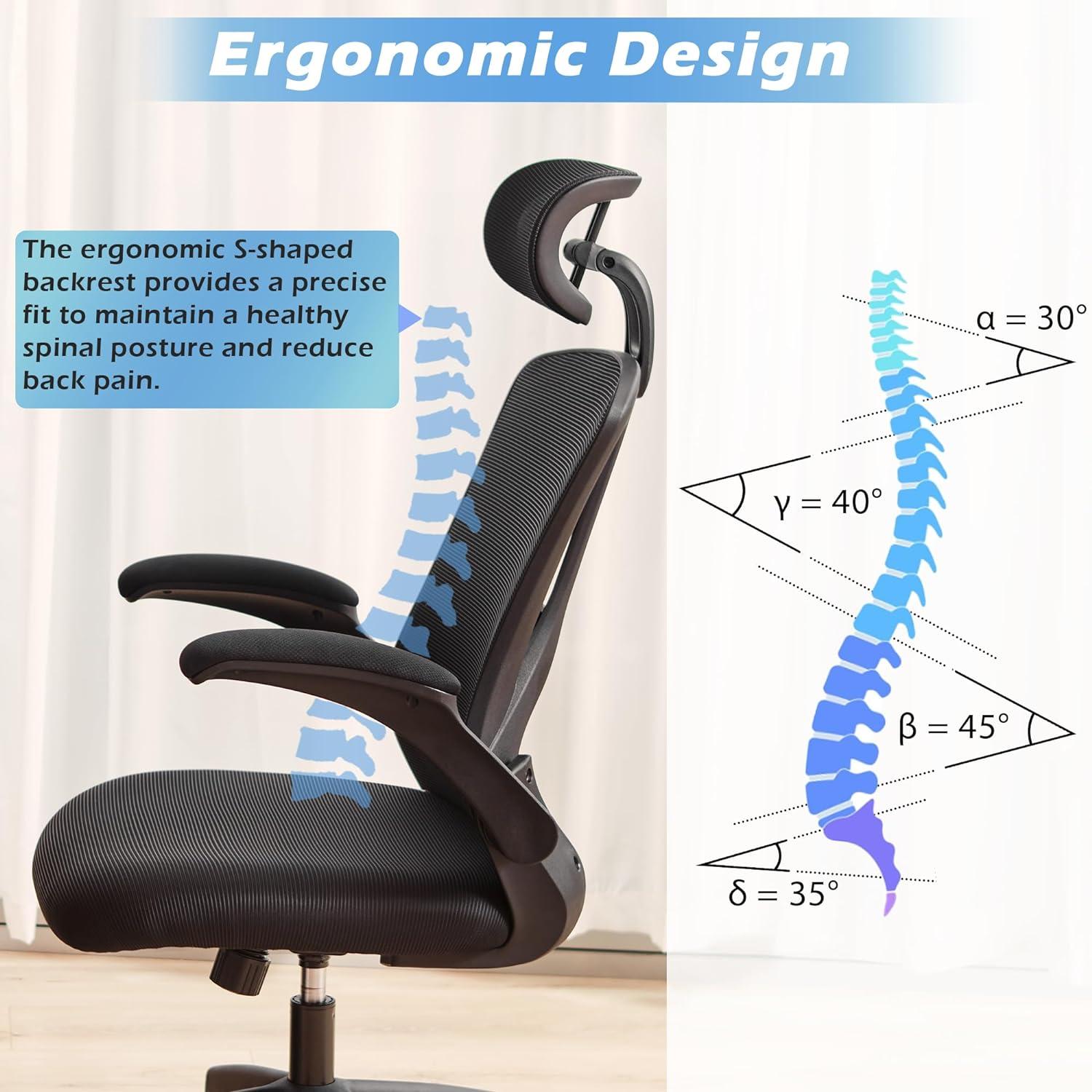PrimeZone Ergonomic Office Desk Chair - Comfy Mesh Computer Chair with Flip-up Arms & Lumbar Support & Headrest & Tilt Function, Big and Tall High Back Chair for Home Office, 300 lbs Capacity, Black