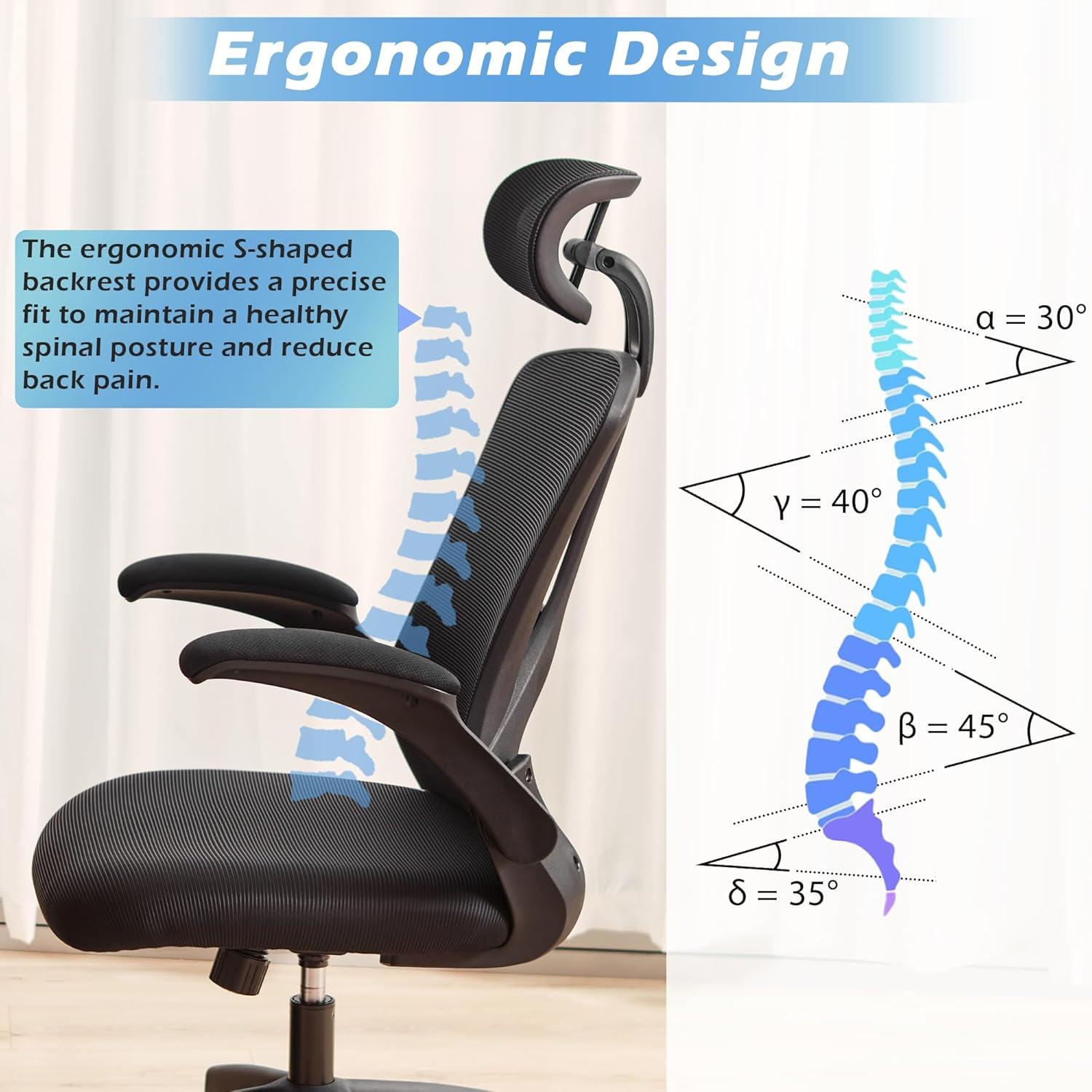 PrimeZone Ergonomic Office Desk Chair - Comfy Mesh Computer Chair with Flip-up Arms & Lumbar Support & Headrest & Tilt Function, Big and Tall High Back Chair for Home Office, 300 lbs Capacity, Black