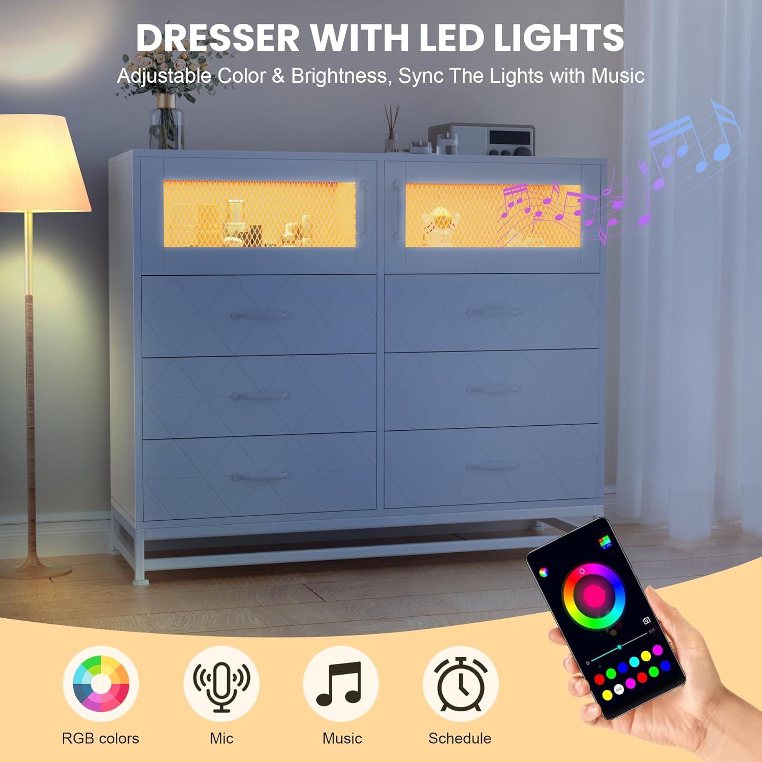 Dresser for Bedroom with LED Lights and Charging Station, Wooden 6 Drawer Double Dresser with 2 Doors, Modern Chest of Drawers for Bedroom, Entryway, Hallway, White