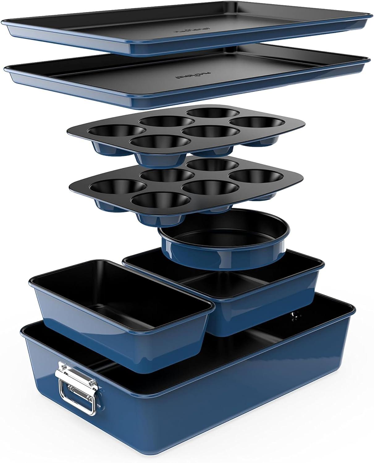 NutriChef 8-Piece Nonstick Stackable Bakeware Set - Pfoa, Pfos, Ptfe Free Baking Tray Set W/ Non-Stick Coating, 450°F Oven Safe, Round Cake, Loaf, Muffin, Wide/Square Pans, Cookie Sheet