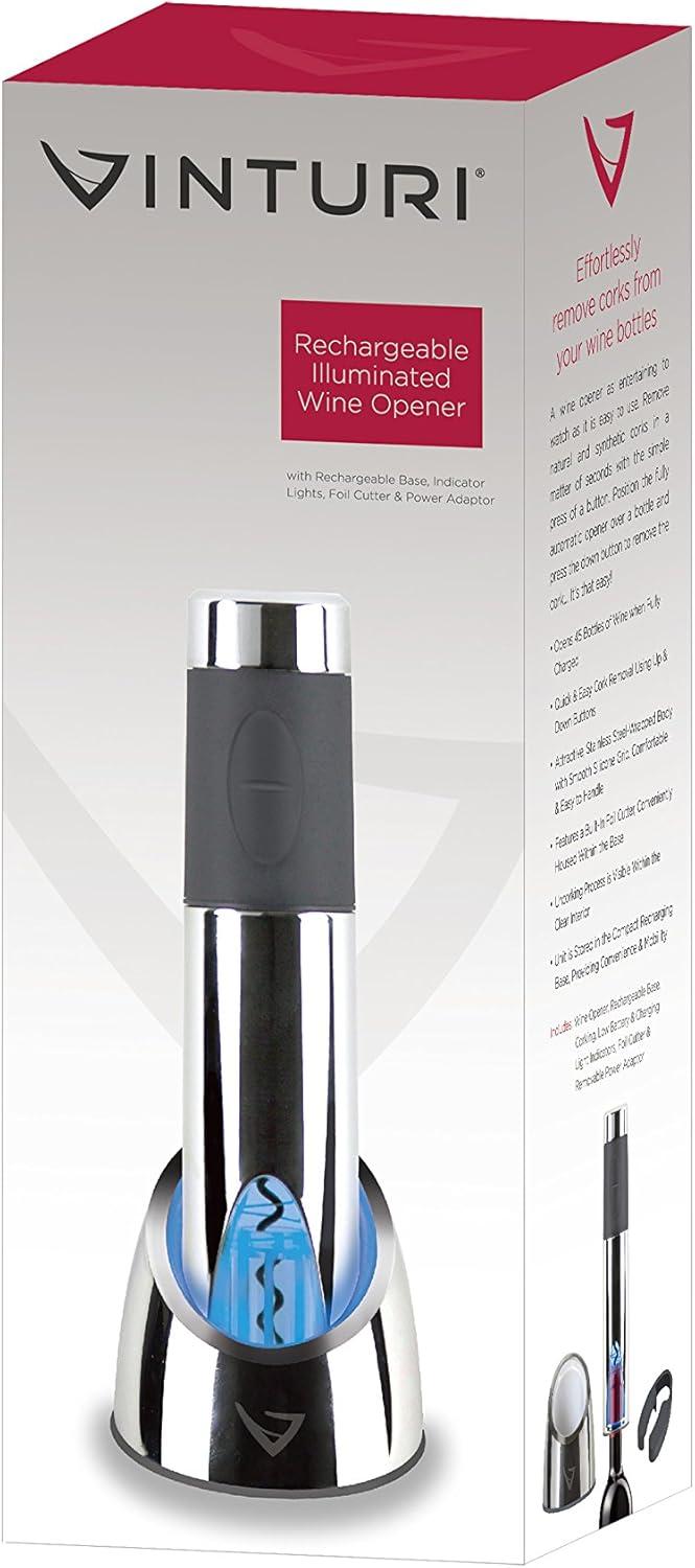 Electric Rechargeable Silver Wine Opener with Charging Base and Foil Cutter